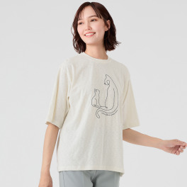 エムエムオー クルーネック 猫刺しゅう 五分袖Ｔシャツ
