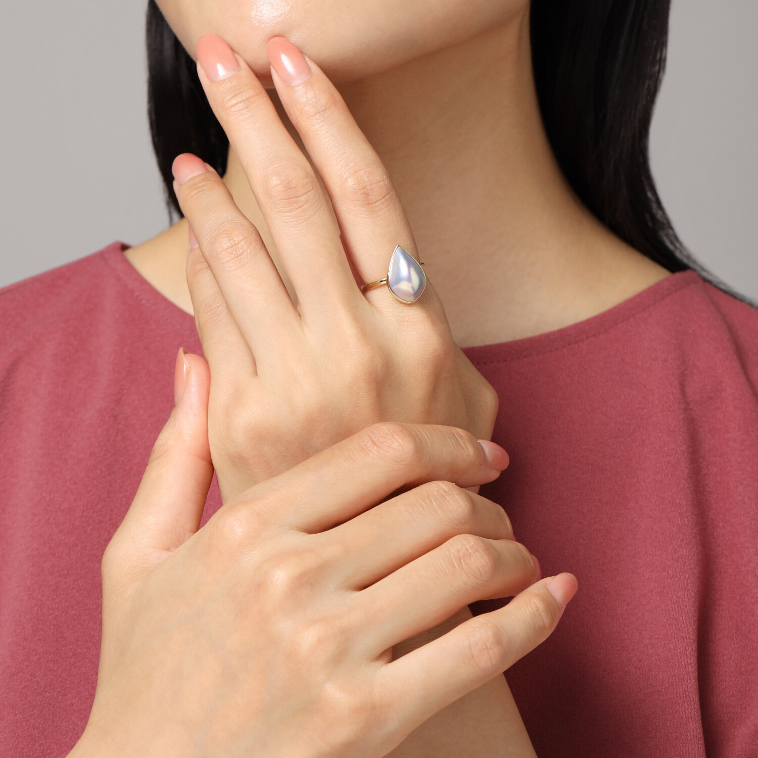 グロッシーマベパール １８Ｋ 奄美大島産マベパール ティアドロップリング