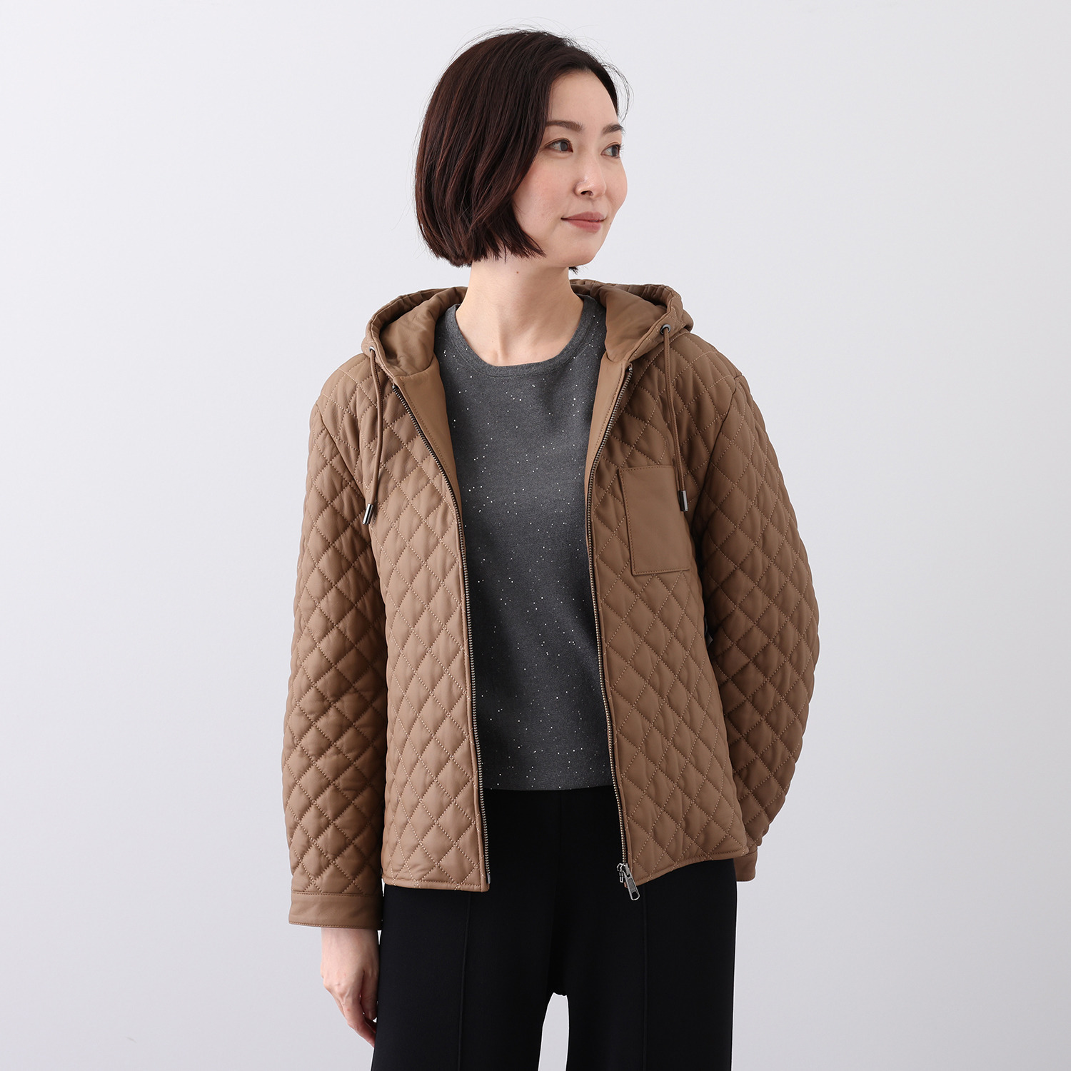 元町ゼラール トルコ産ソフトラムレザー キルティング フーディージャケット