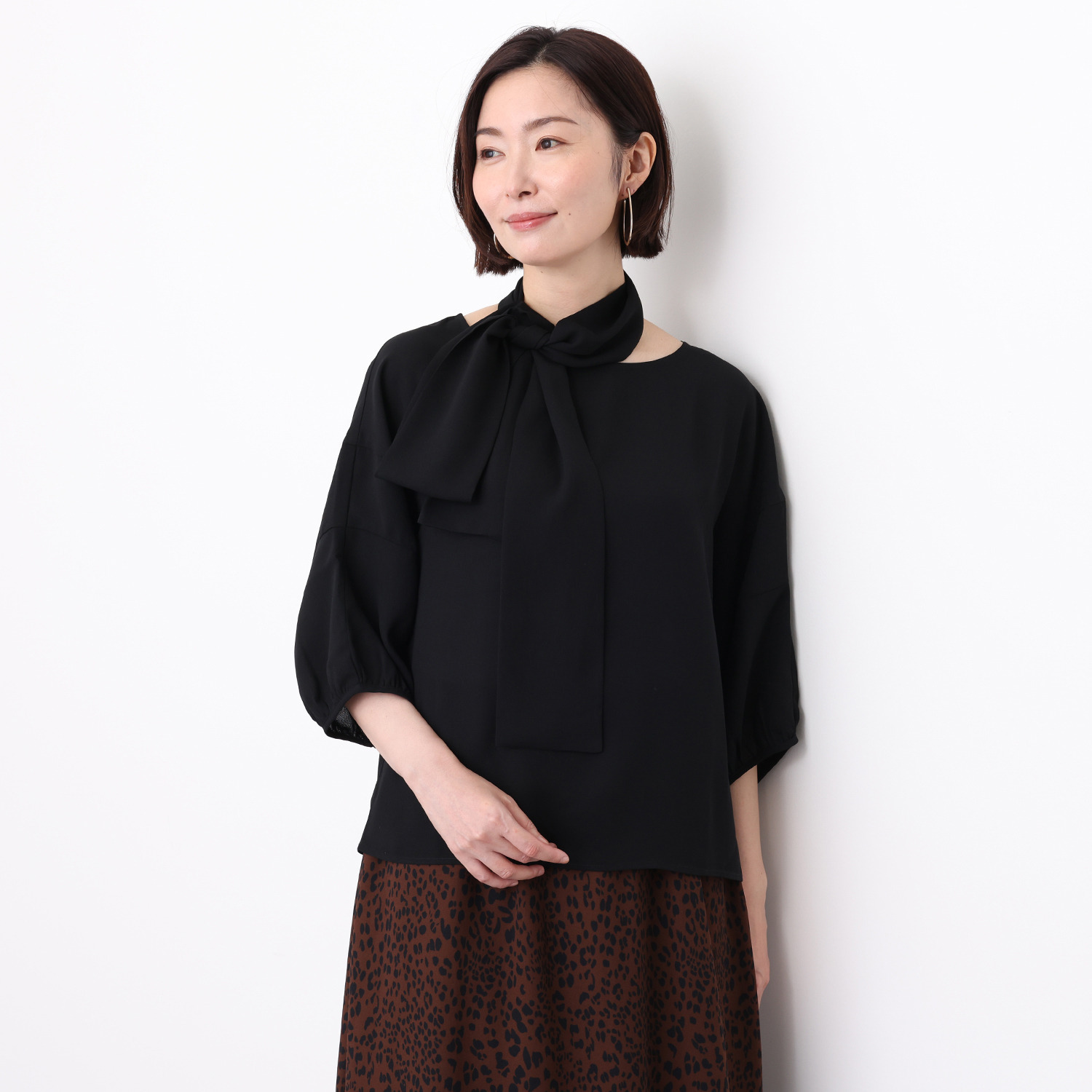 元町ゼラール とろみ＆ さらさらジョーゼット 共布ボウタイ付Ｔブラウス
