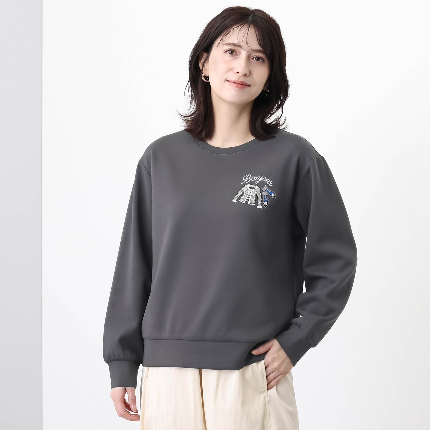 ゼラールスポーツ きらきら刺繍アクセント コットン混 きれいめジャージー 長袖プルオーバー