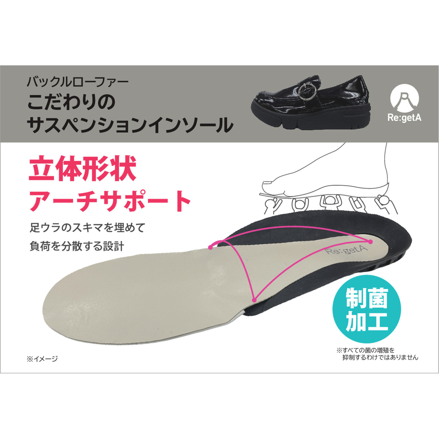 リゲッタ 日本製　軽量 制菌インソール アーチサポート しなやかフィット 厚底バックルローファー
