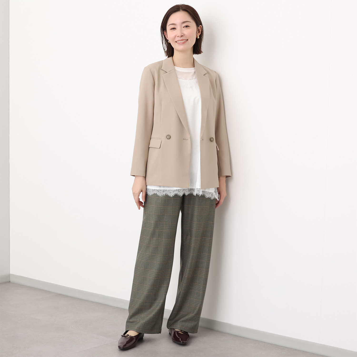 ピーツー チェックプリント 裏微起毛セミワイドパンツ
