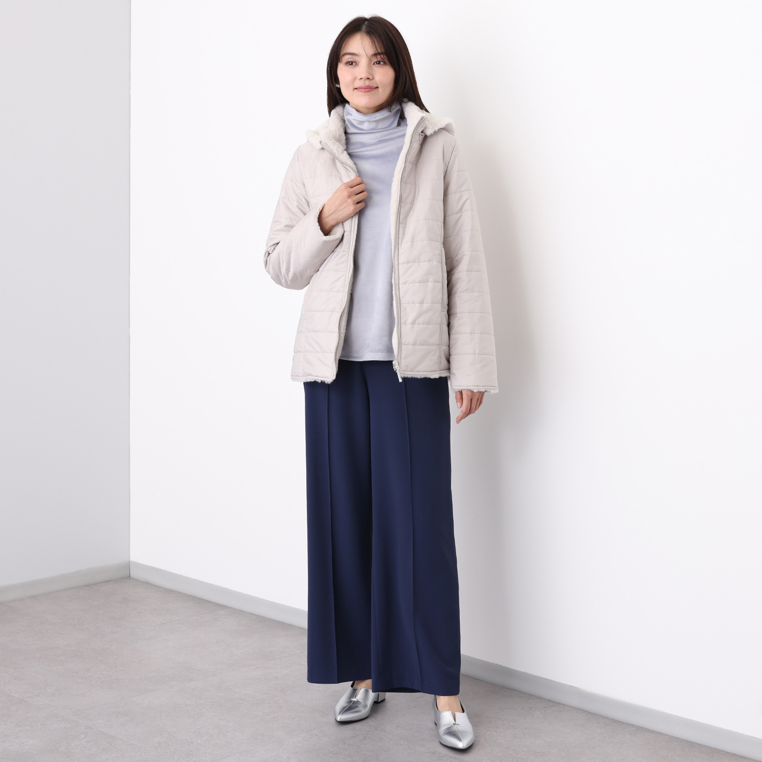 メルヴェイユ　ヴァント はっ水中綿キルト＆ ミンクタッチ フェイクファー リバーシブルジャケット