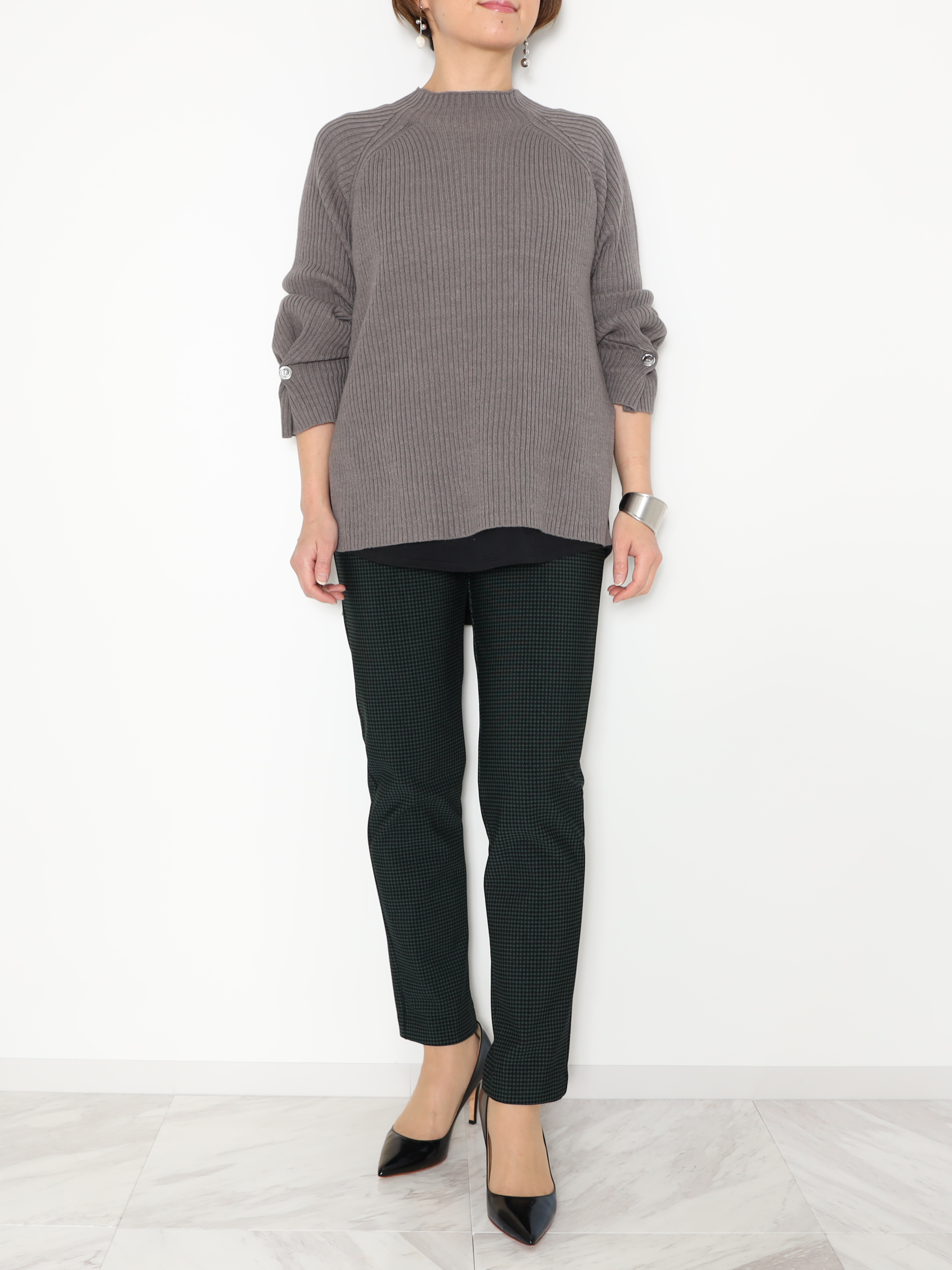 ピーツー 吸湿発熱・吸放湿 裏起毛 千鳥柄スリムパンツ