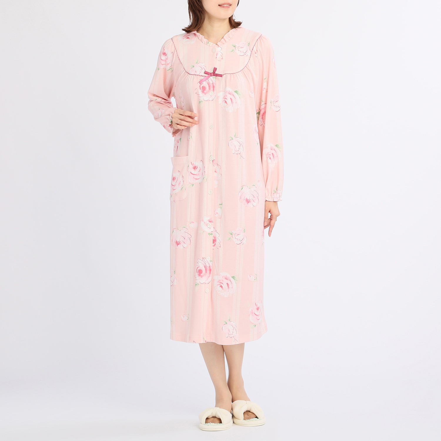 ナルエー コットンスムース ストライプローズ柄 ルームワンピース ショップチャンネル