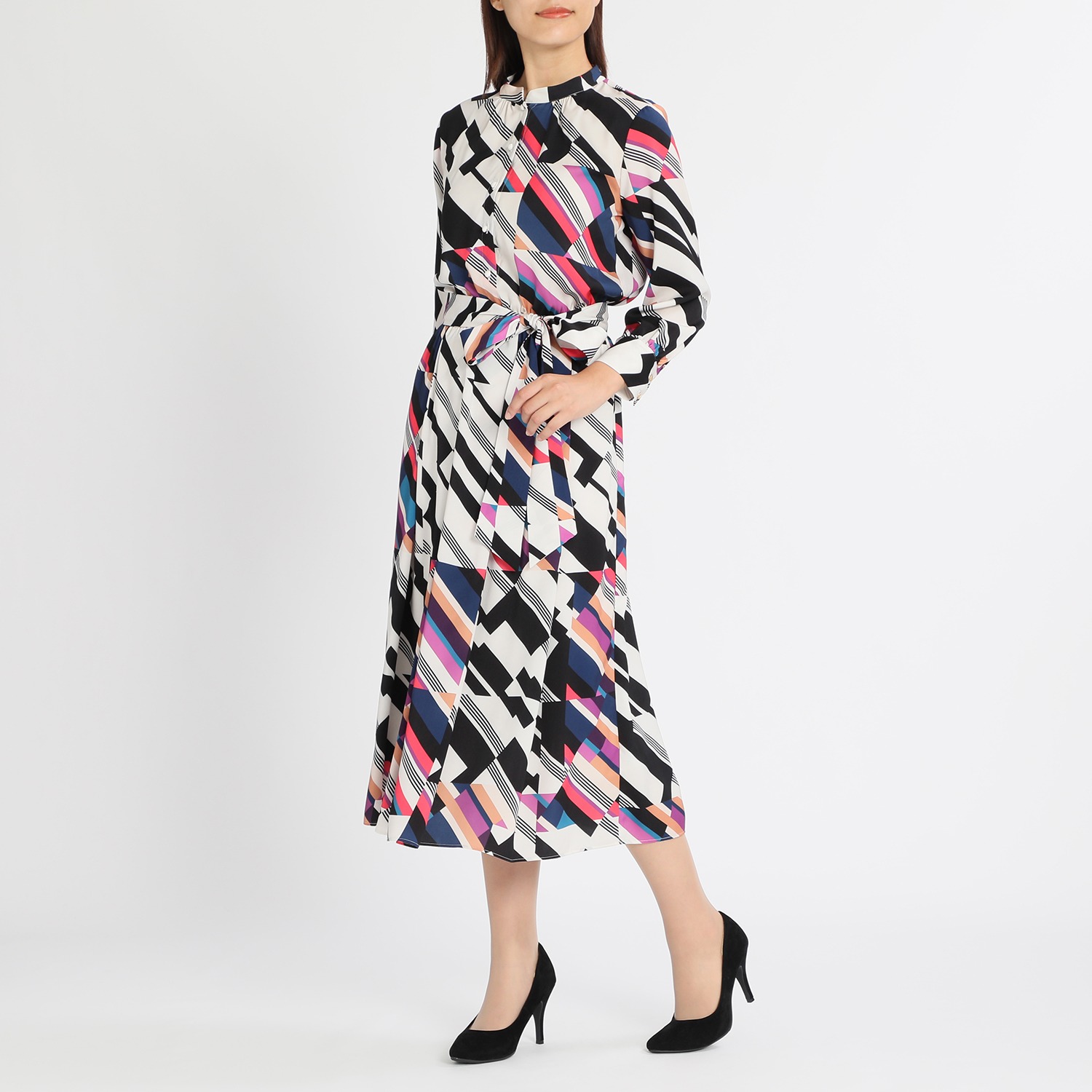 ボディドレッシング デラックス 共布タイリボン付 幾何学柄プリント ワンピース ショップチャンネル