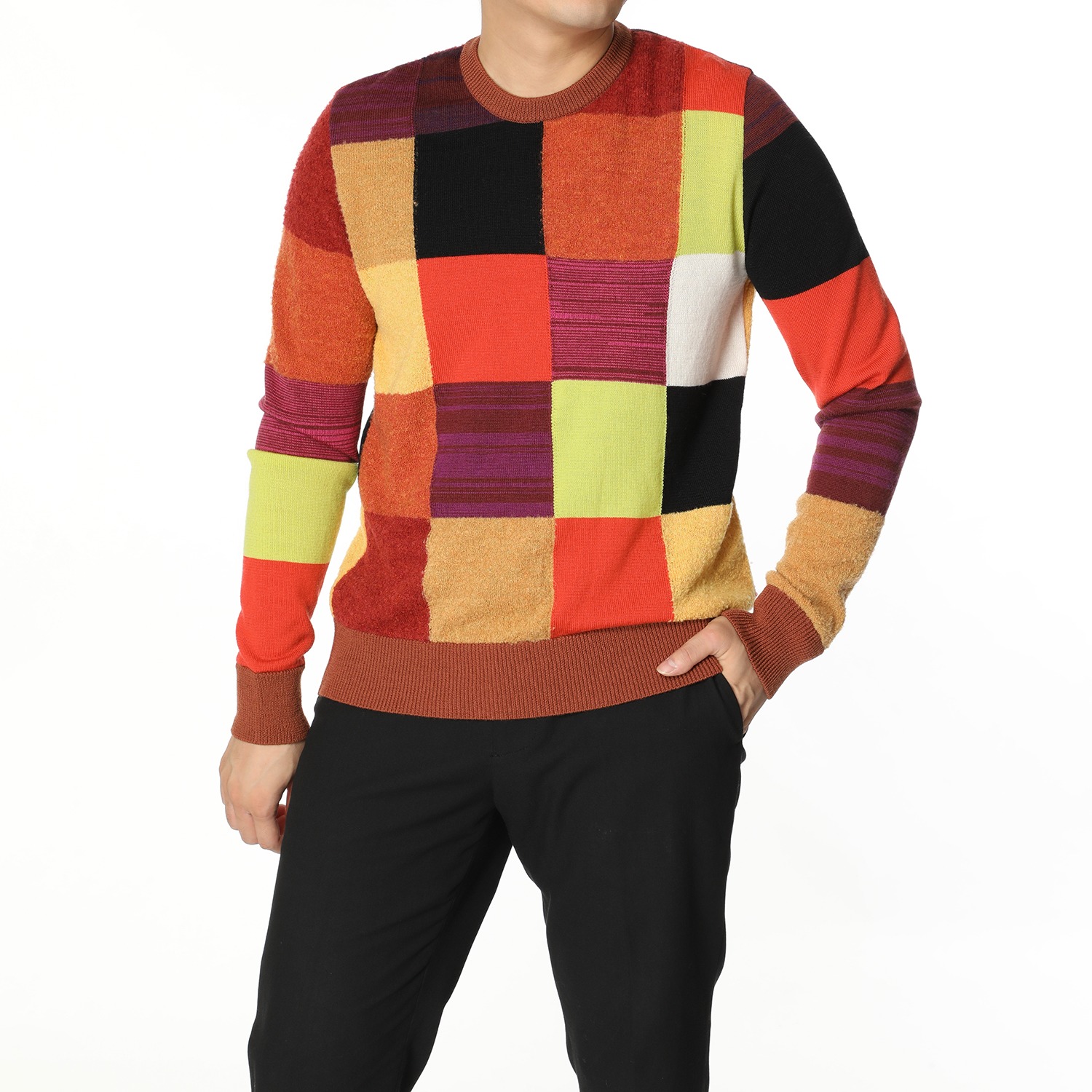 メンズ エム アンド キョウコ 多色ブロックチェック ニットプルオーバー ショップチャンネル