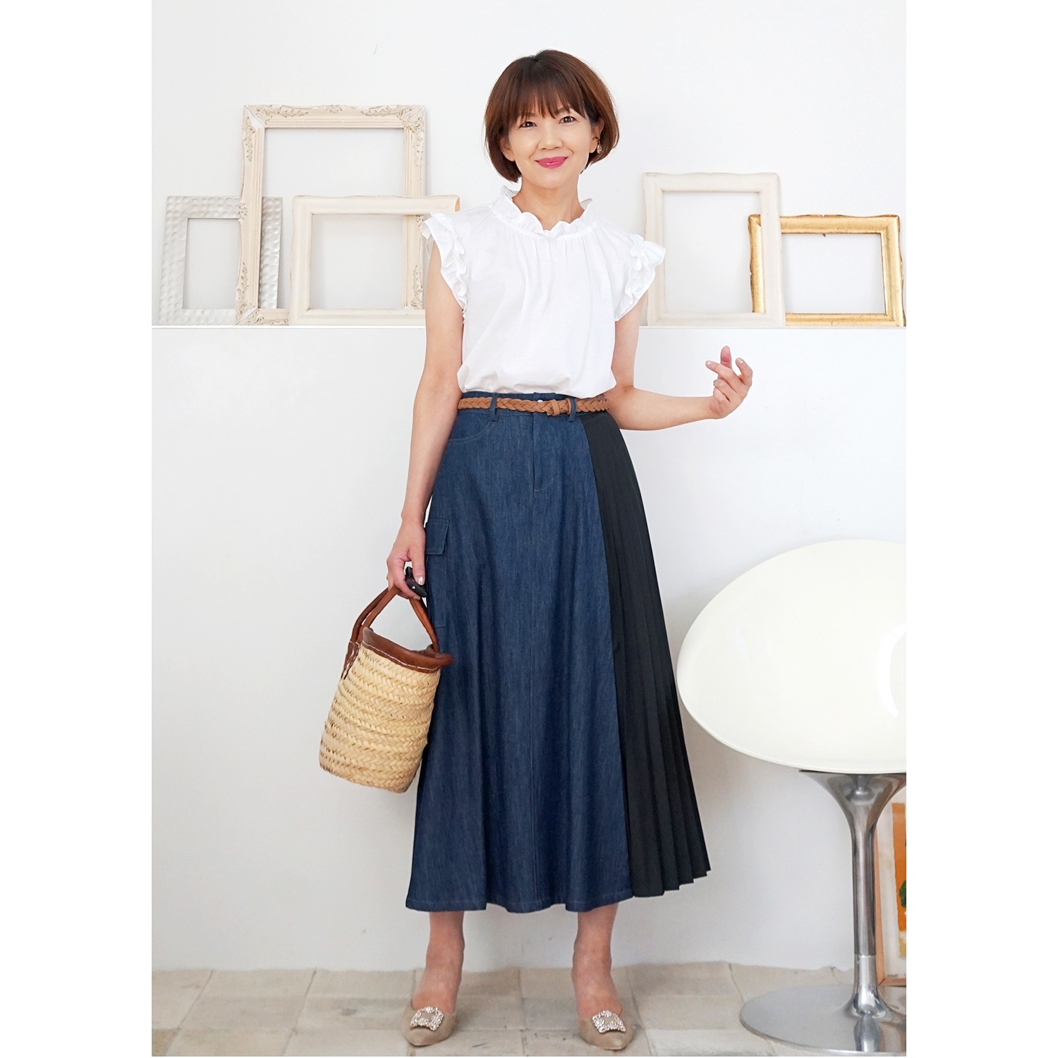 エムズ スタイル サイドプリーツ切替 デニムスカート ショップチャンネル