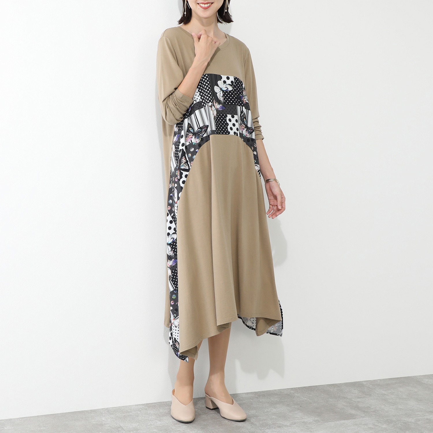 スカラー ミックス柄プリント切替 ロングワンピース ショップチャンネル