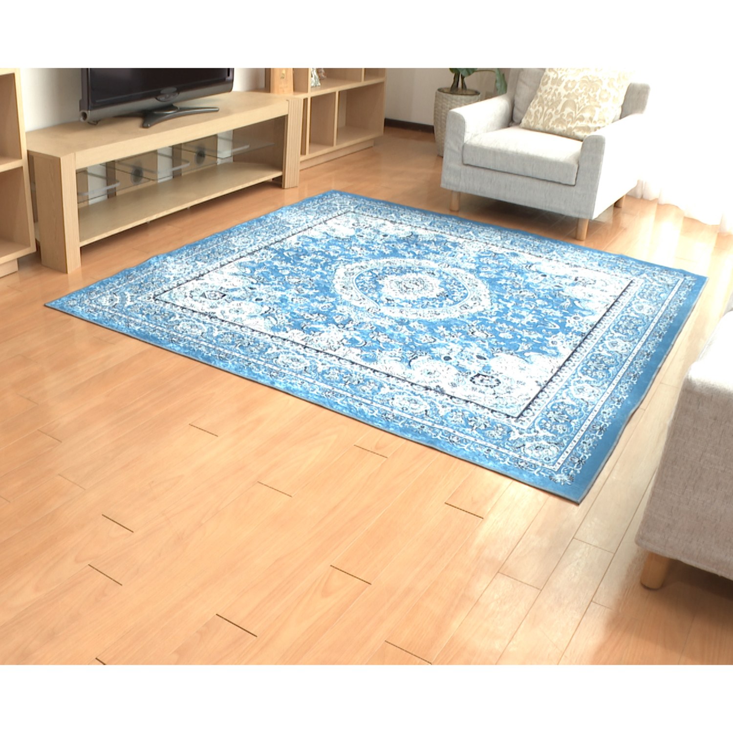 ＜１９０×１９０ｃｍ＞シルクタッチ 洗える 爽やかカーペット ブルーハーモニー 