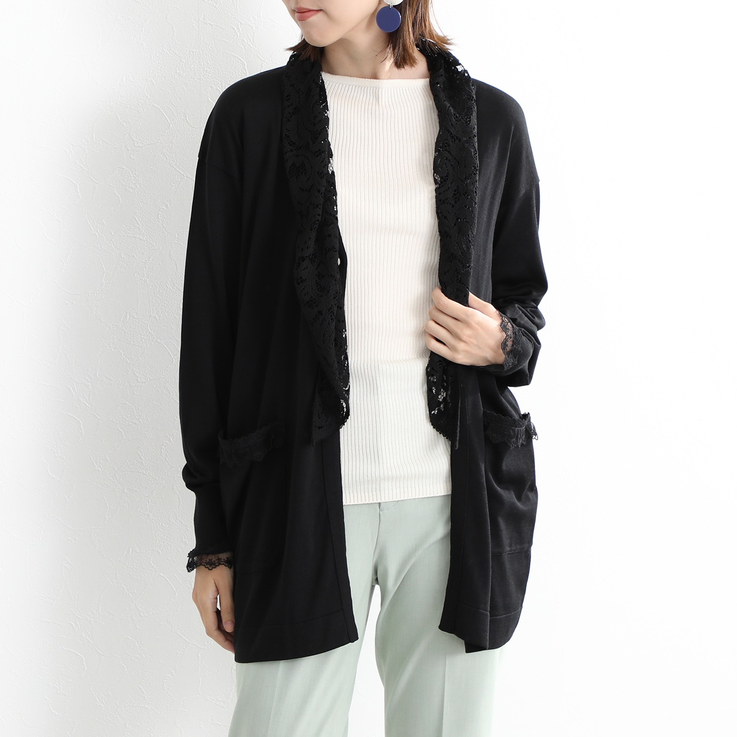 エウラーカ ウォッシャブルシルク レースアクセント カーディガン