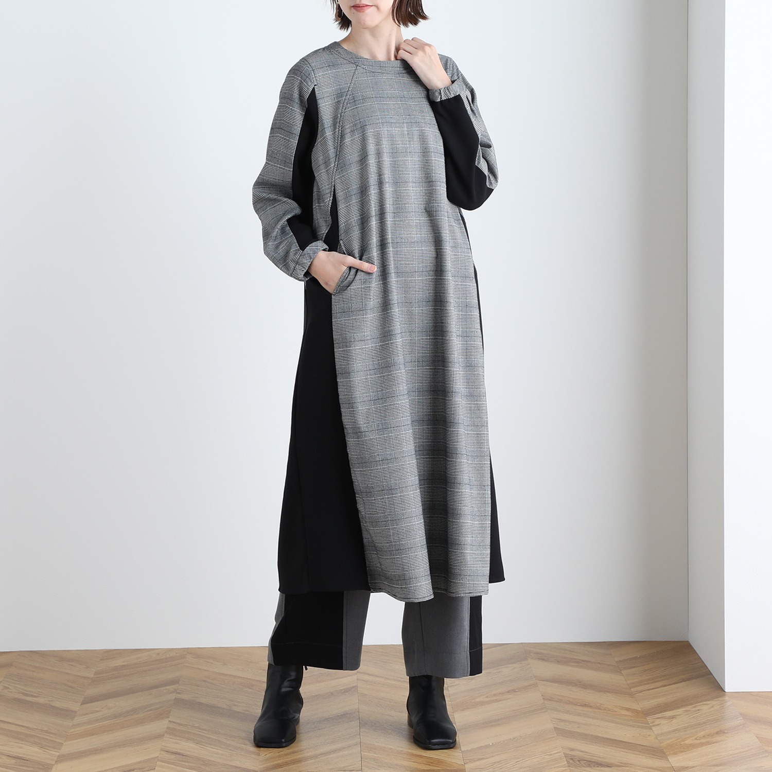 ａｋａｎｅ グレンチェック 無地 異素材ミックス ワンピース ショップチャンネル