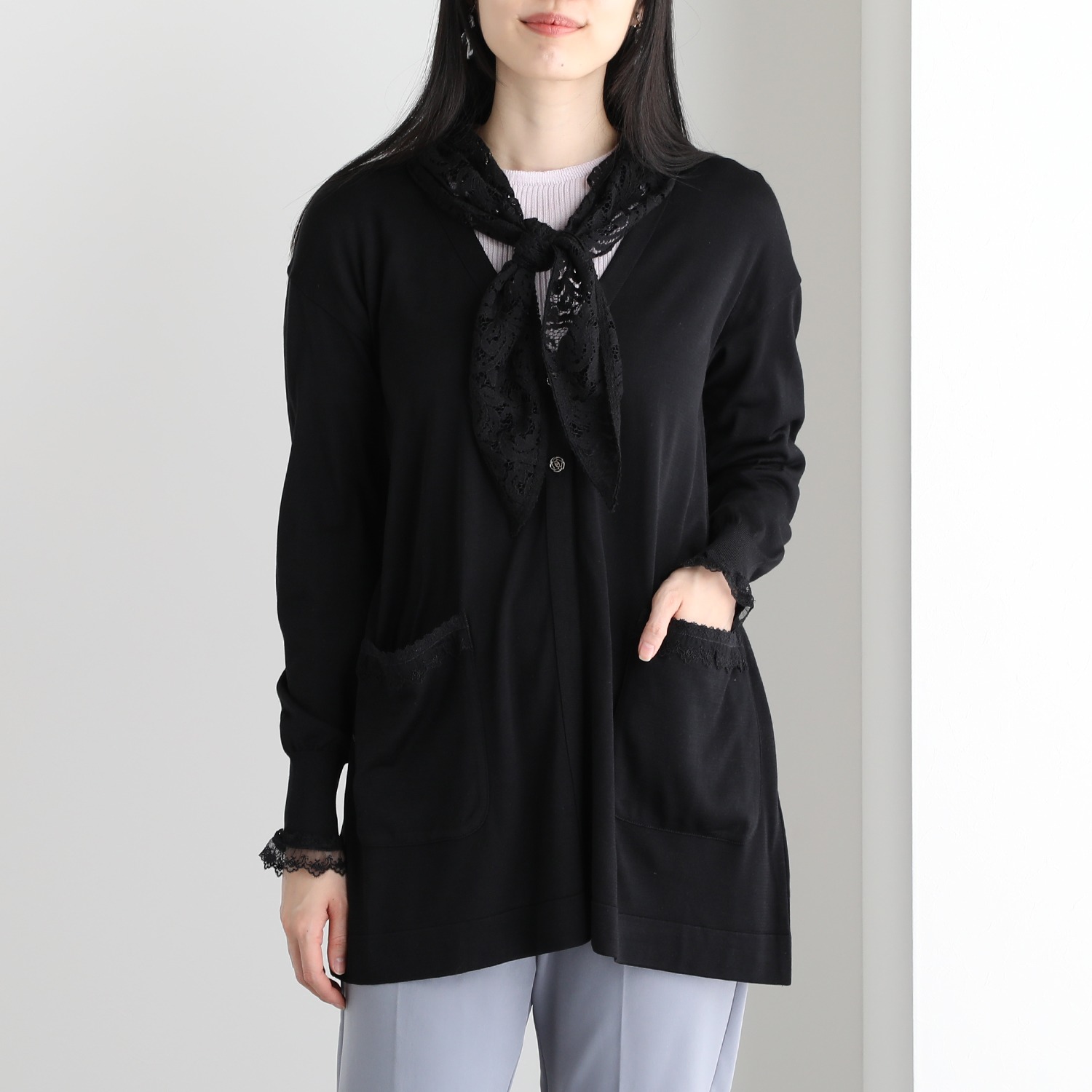 エウラーカ ウォッシャブルシルク レースアクセント カーディガン