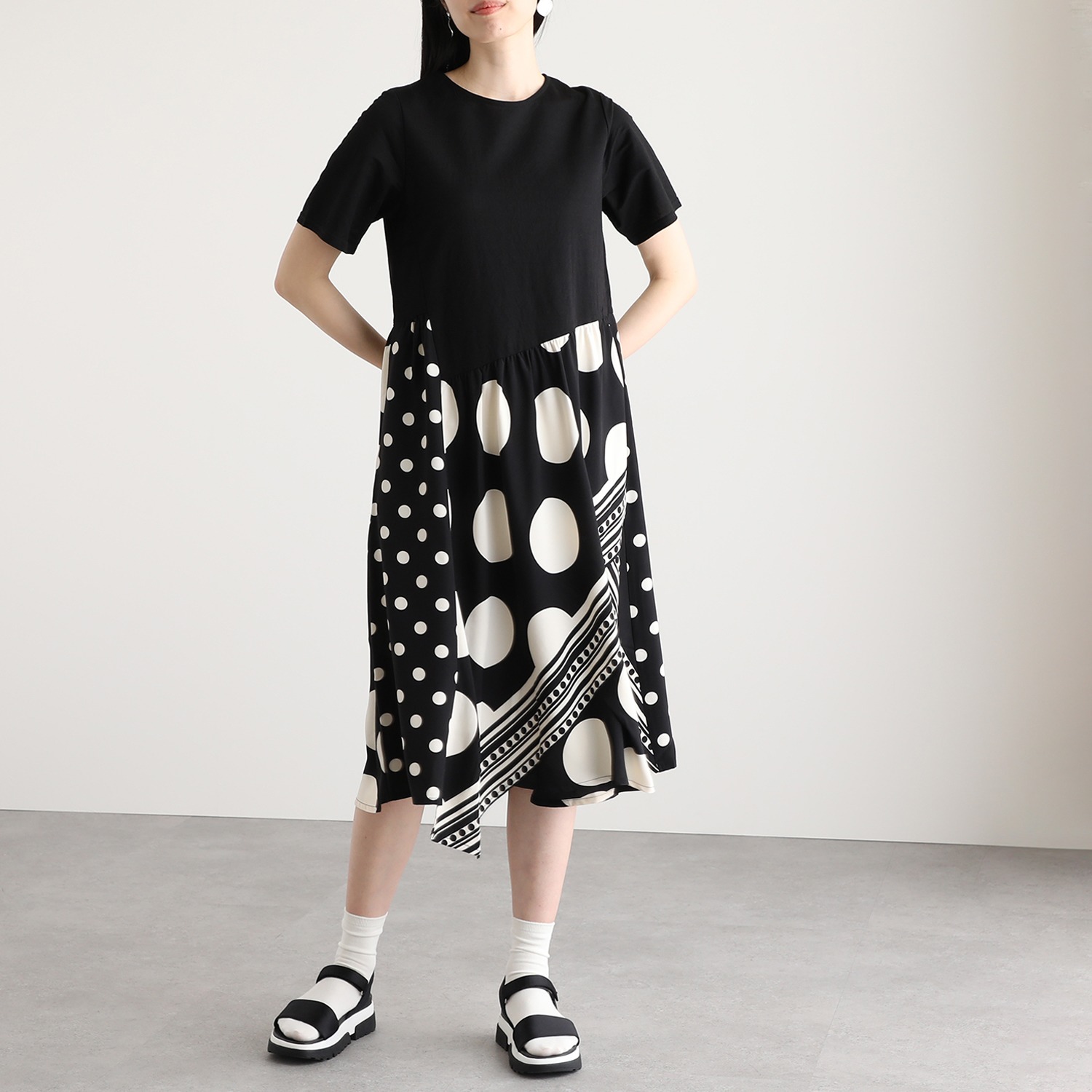 アンズ 異素材切替 ドット ストライプ プリントワンピース ショップチャンネル