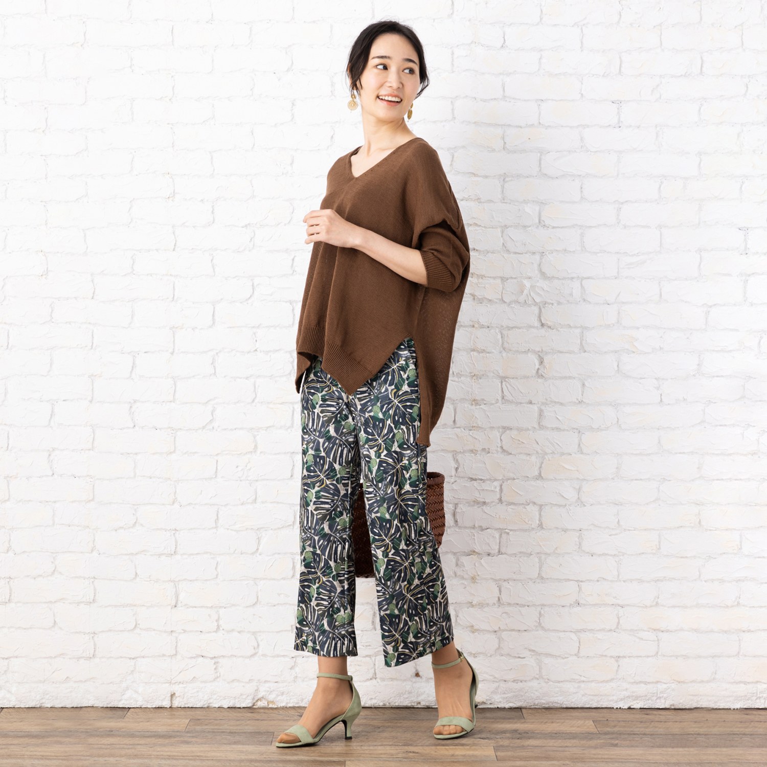 ピーツー 強撚スムース 転写プリント ワイドパンツ