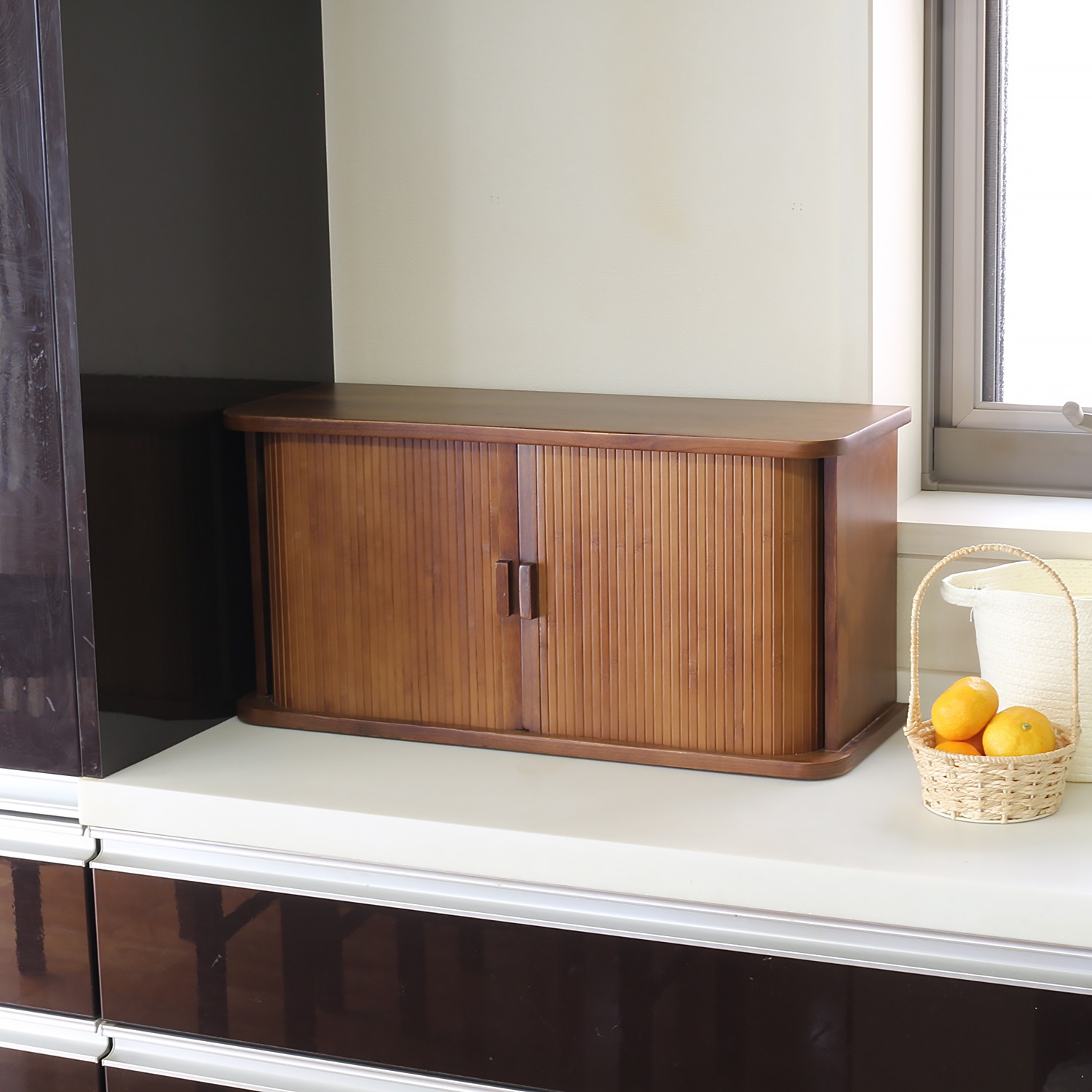 通常 1本タイプ 天然木桐製 カウンター上収納庫 竹製ジャバラ扉式 約幅