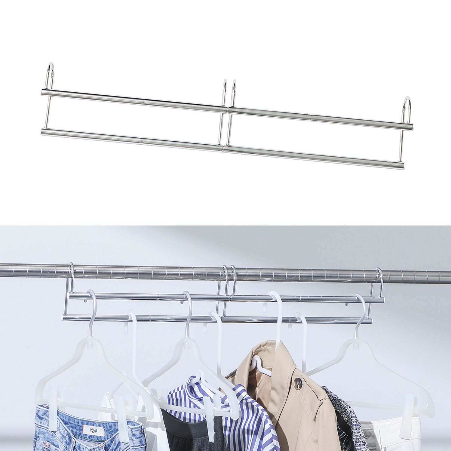 ＜標準＞ ハンガーバーに 引っ掛けるだけ！ 収納力が最大約１．５倍 伸縮式収納アップハンガー 