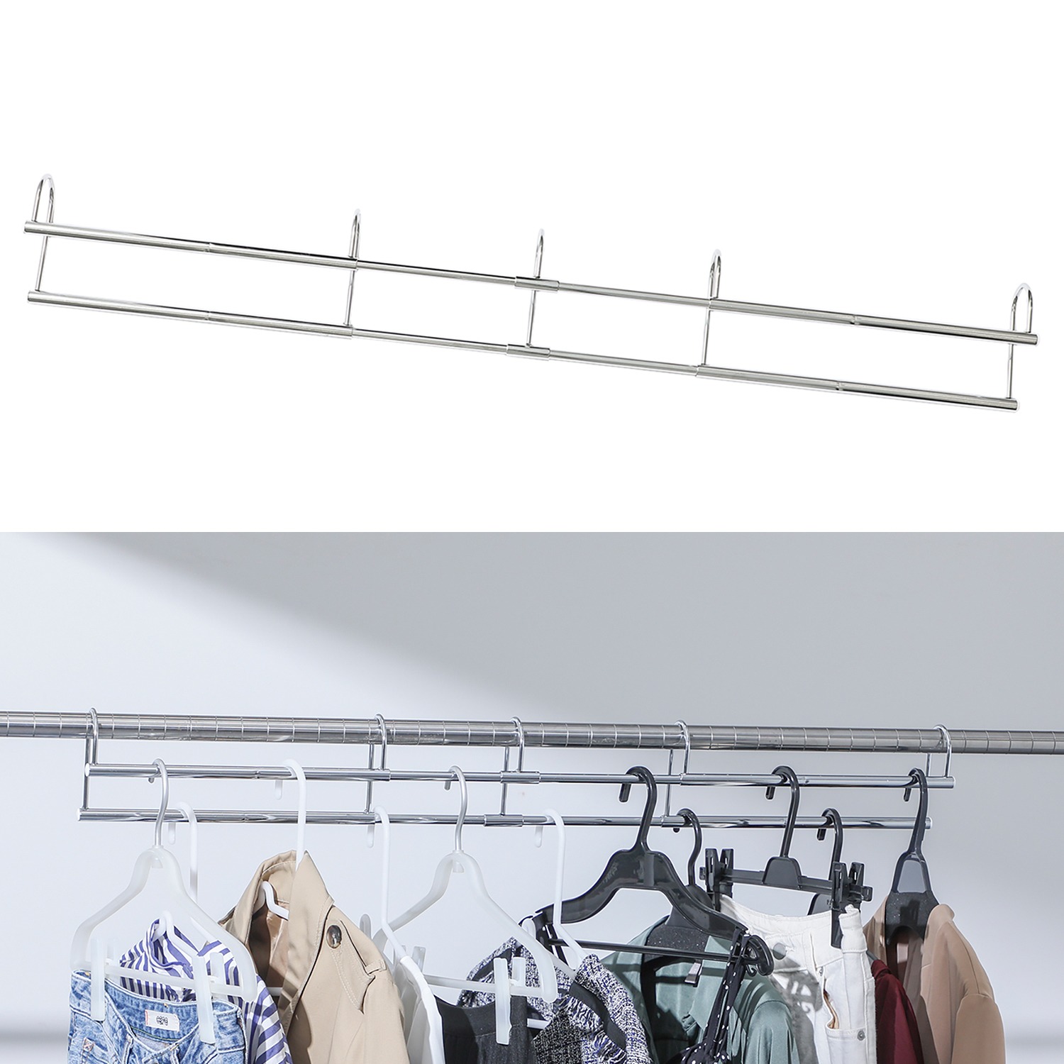 ＜ワイド＞ハンガーバーに 引っ掛けるだけ！ 収納力が最大約１．５倍 伸縮式収納アップハンガー 