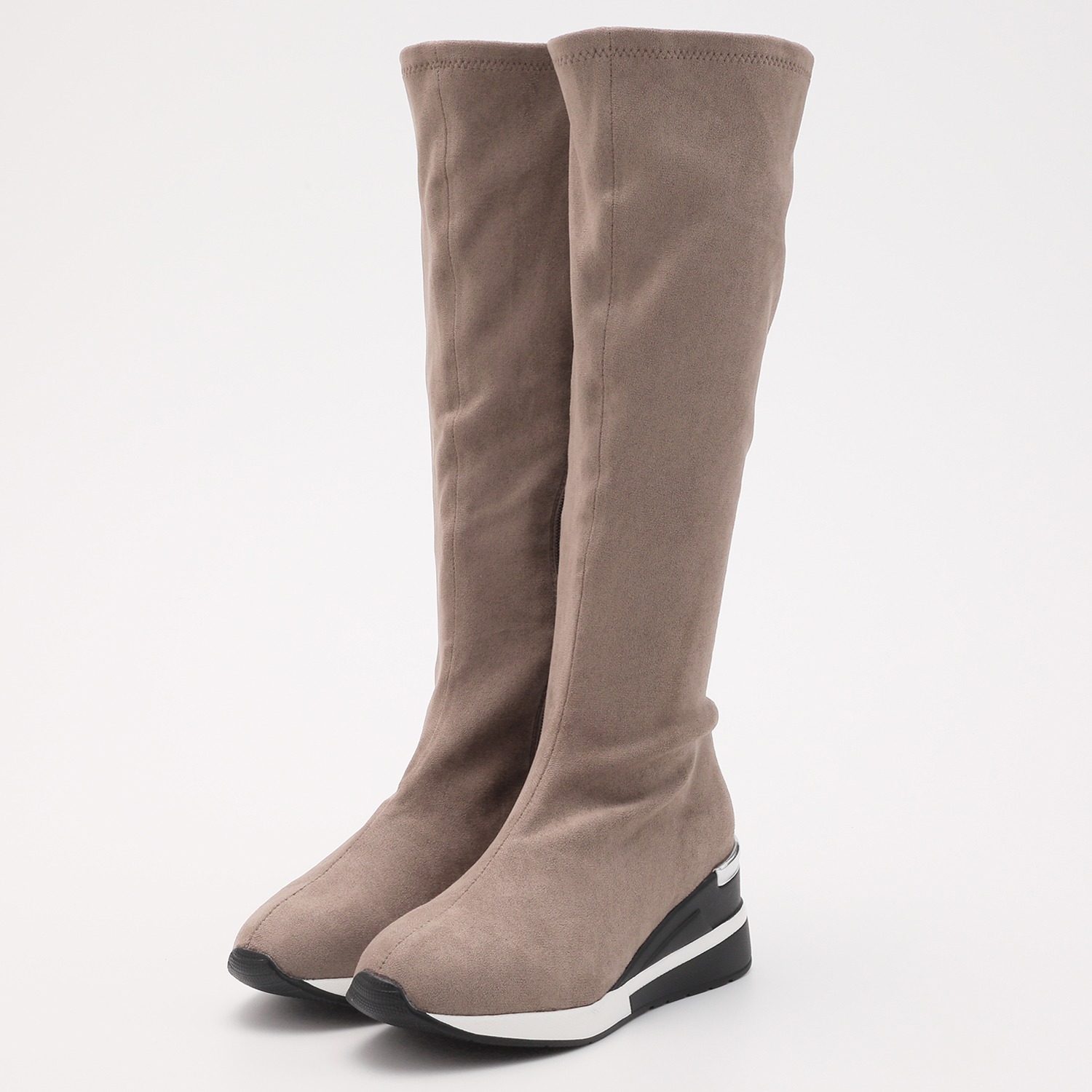 ヌーベルヴォーグ リラックス スエード調ストレッチ ロゴテープデザイン ウェッジヒール ロングブーツ