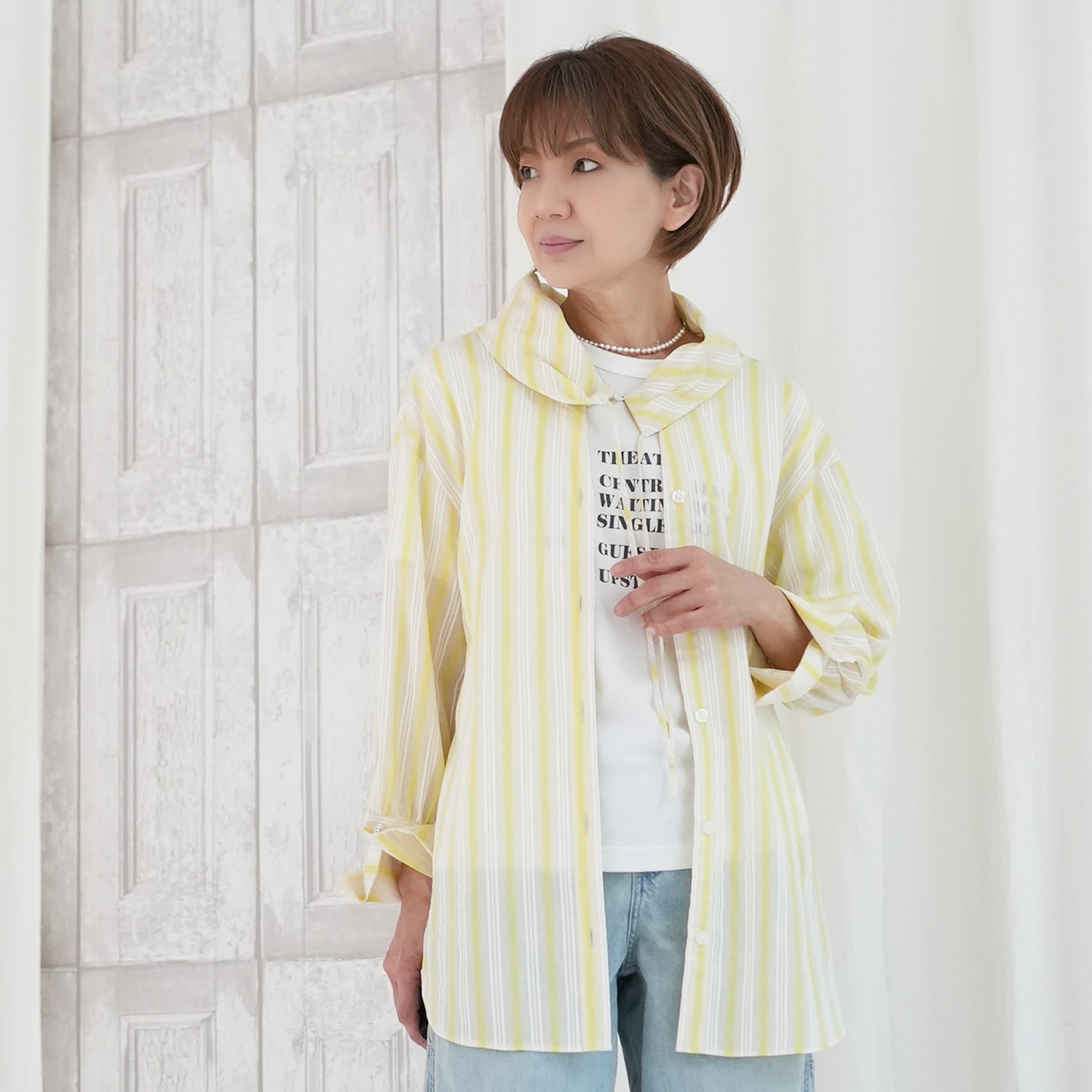 エムズ　スタイル 先染シアーストライプ アレンジカラーデザイン シャツブラウス