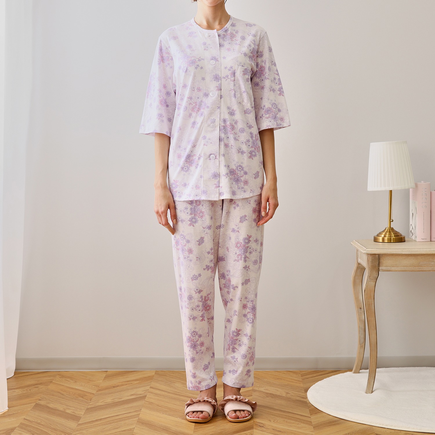 ロマンス小杉 なめらかな肌触り 日本製 モイスチャー コットン１００％ 七分袖ニットパジャマ