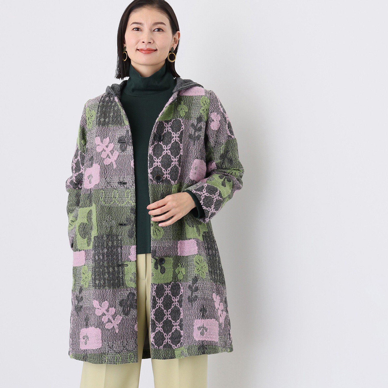 エム アンド キョウコ パッチワーク風デザイン フード付コート  