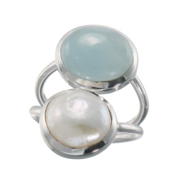 インプレスミー シルバー アクアマリン＆淡水パール ツインデザイン ボリュームリング