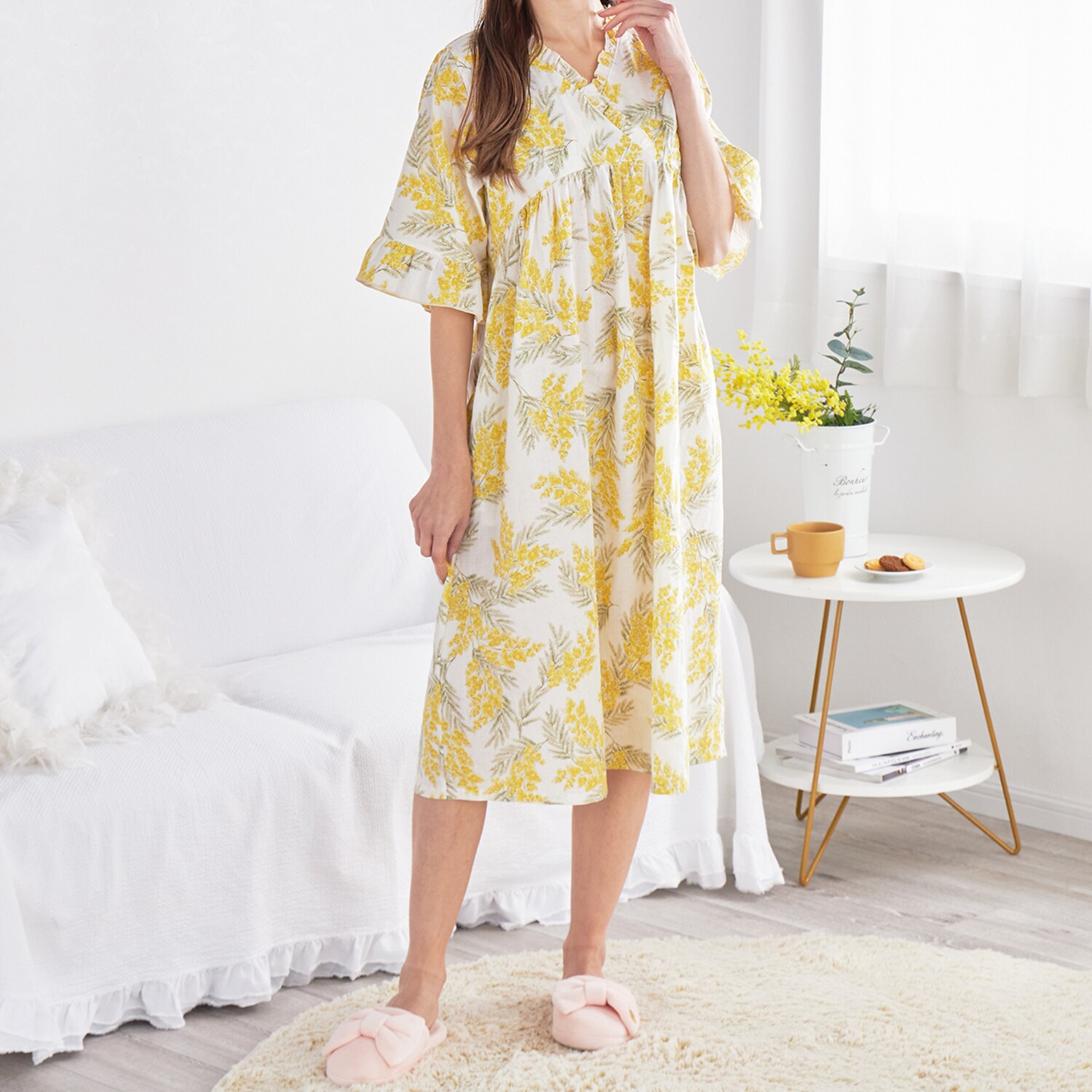 ナルエー コットン１００％ ダブルガーゼ ミモザ フリルドレス