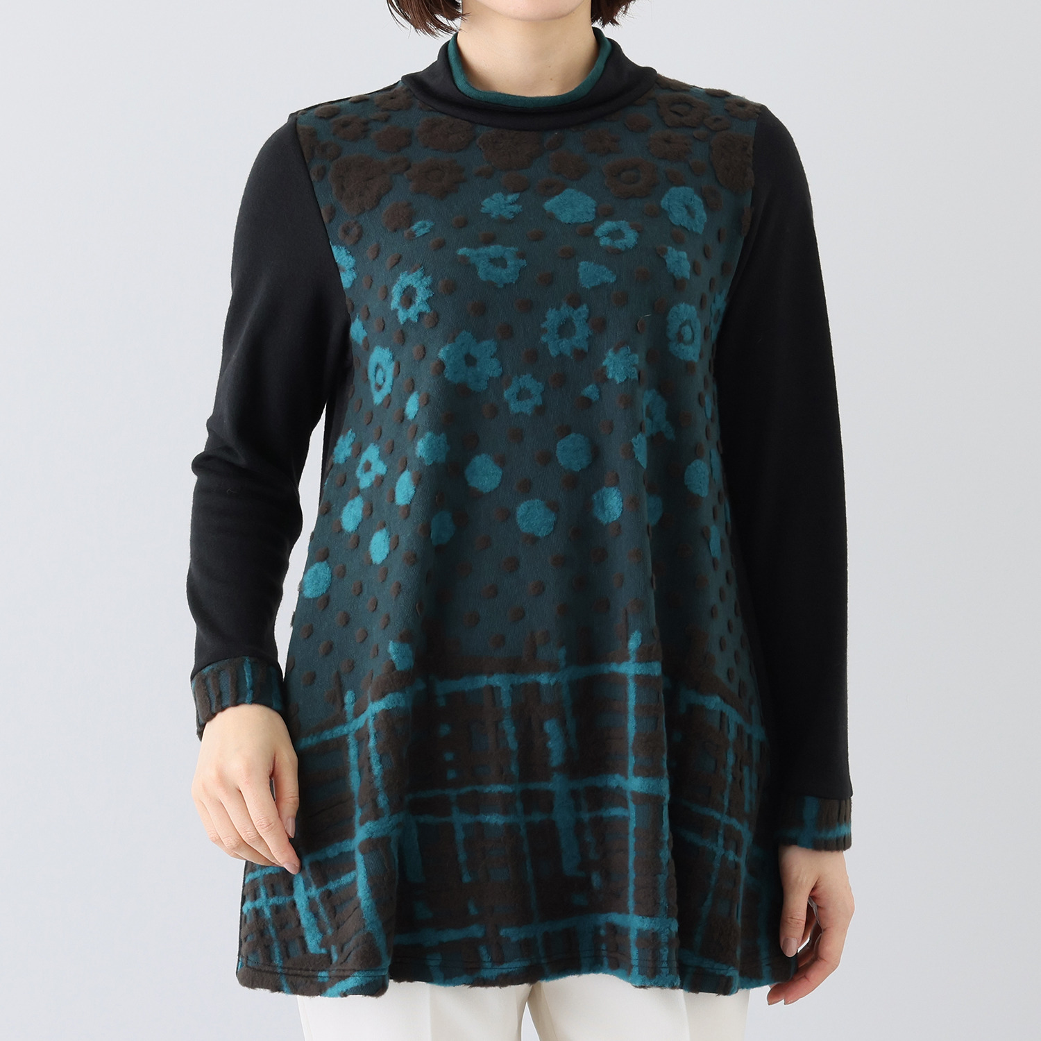 ダジュール フラワー＆チェック柄 ジャガードチュニック