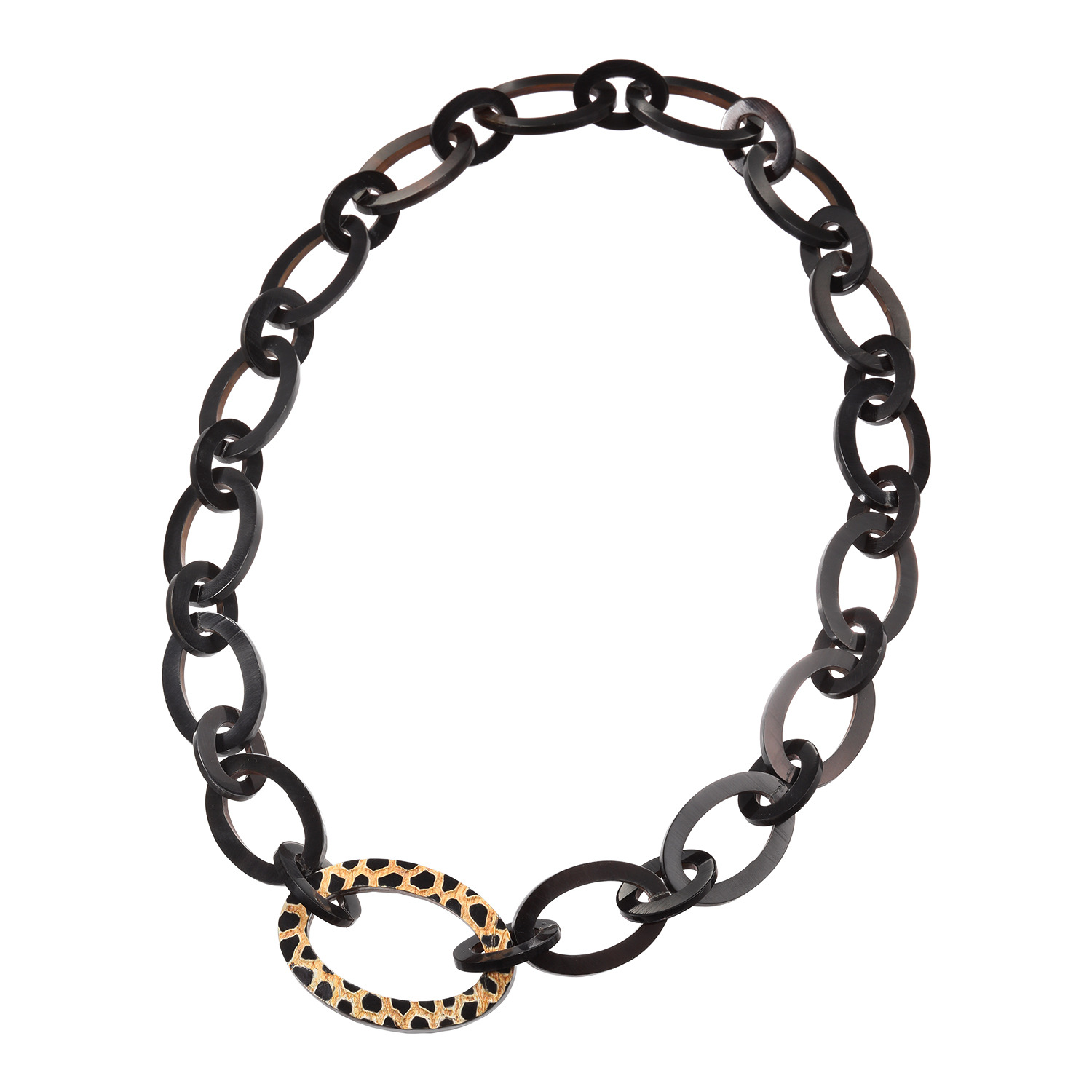 マダムヒロコ 黒水牛 アクセントパーツ デザインチェーン ロングネックレス “Ｌｅｔ’ｓ　ｇｏ！”