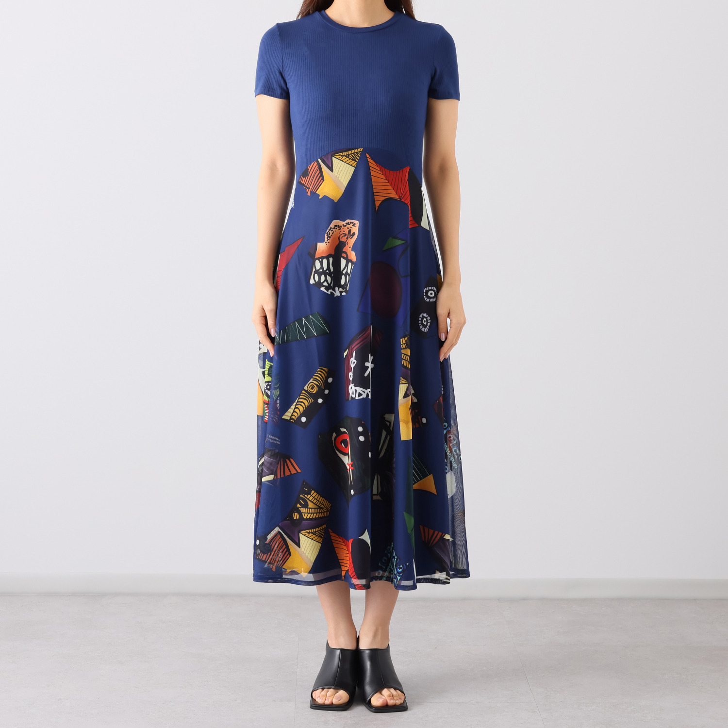 デシグアル 異素材コンビネーション アーティープリント ミディワンピース