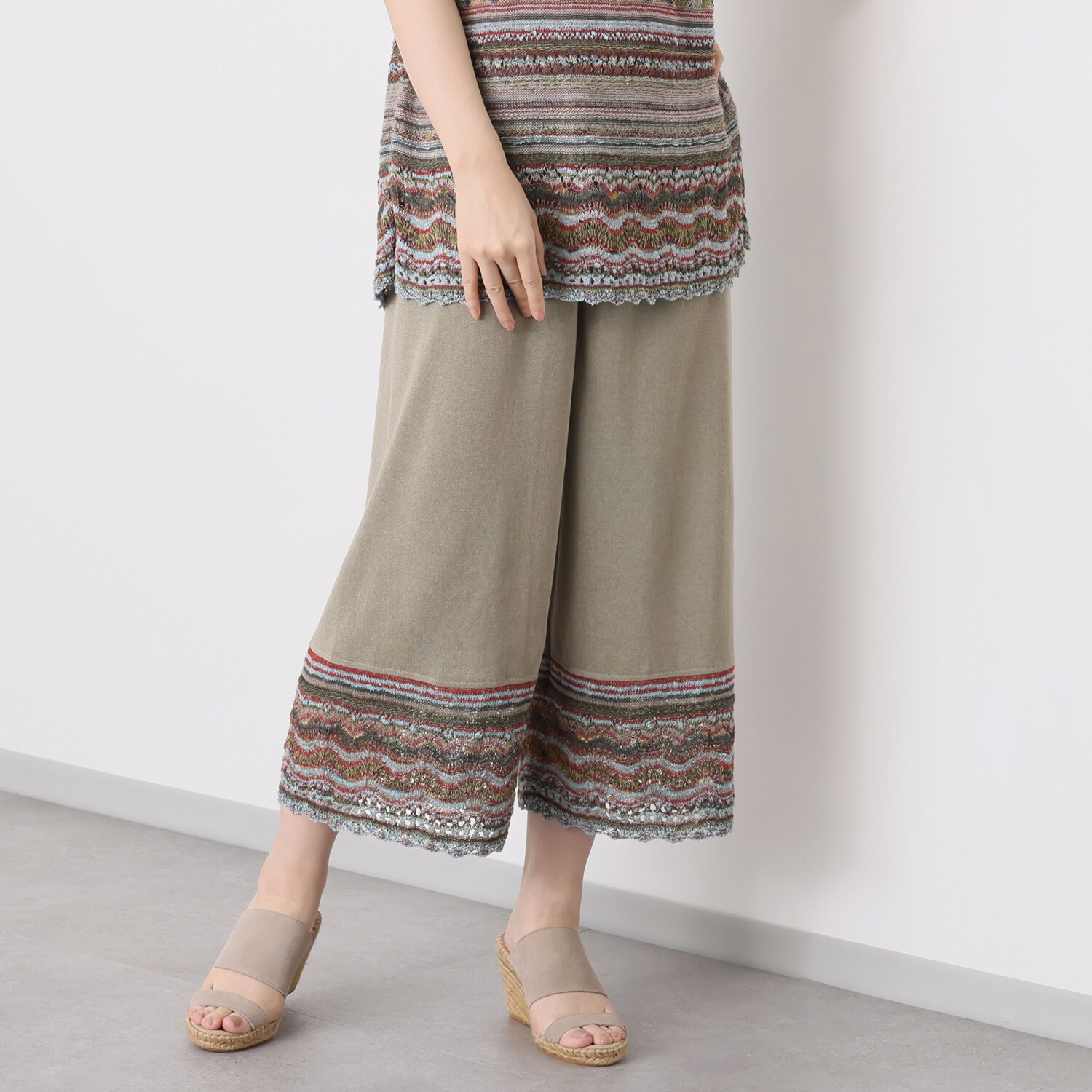 イイネス ファンシーヤーンミックス 切替デザイン 裾ボーダーパンツ