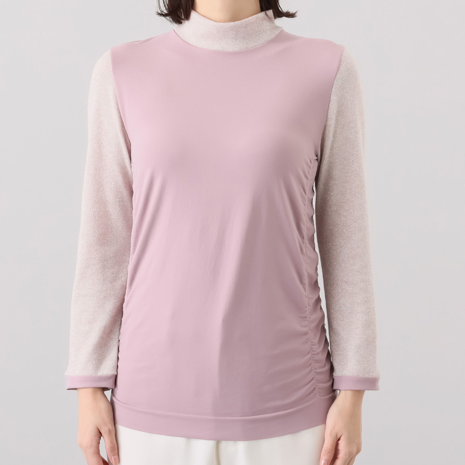 ドルチェ　ドンナ イタリア製 サイドギャザー ハイネック シャイニーツイード ロングスリーブインナー