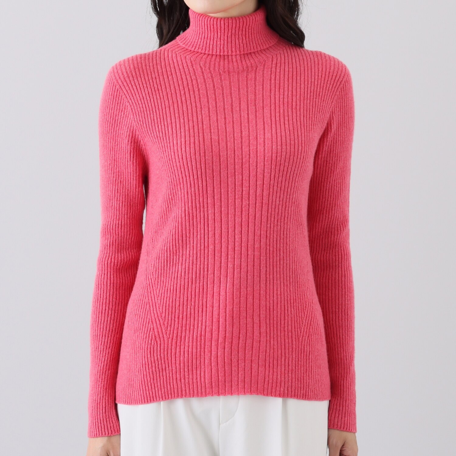 ルーエン　ローズ 日本製　内モンゴル産 カシミヤ１００％ ランダムリブ タートルネック プルオーバー