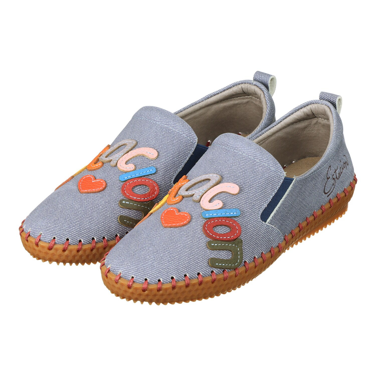 エスタシオン 牛革 ロゴデザイン サイドゴム スリッポンシューズ