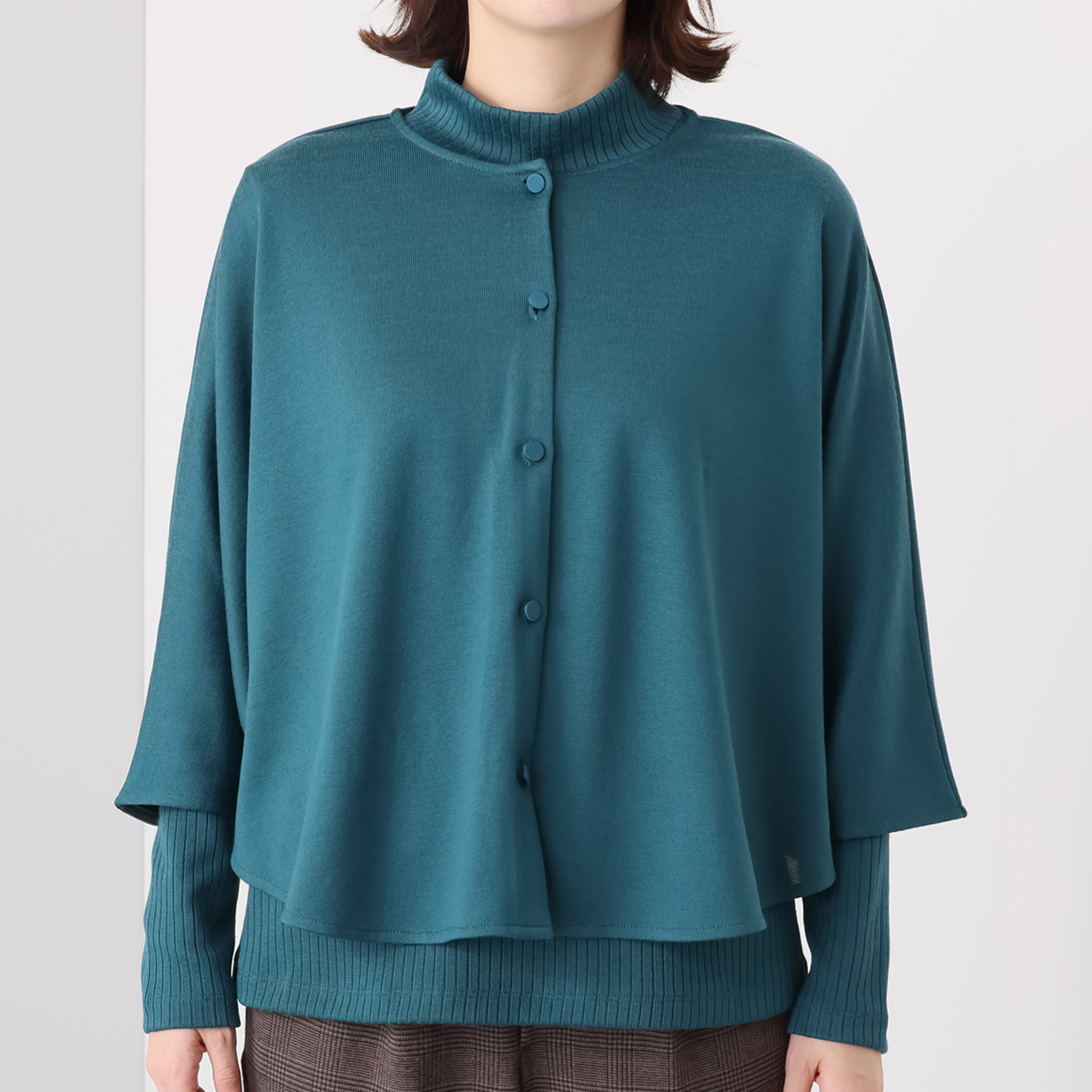 シルバーミントシュガー こだわり天竺 ケープ風カーディガンと こだわりテレコ ハイネックプルオーバー アンサンブル