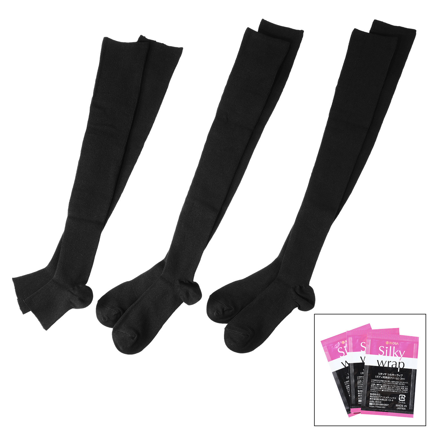 リオッサ 足首キュッ！ ひざ裏ゆったりの快適着圧 寝るときソックスＶ 同色３足セット シルキーラップ　パウチ付