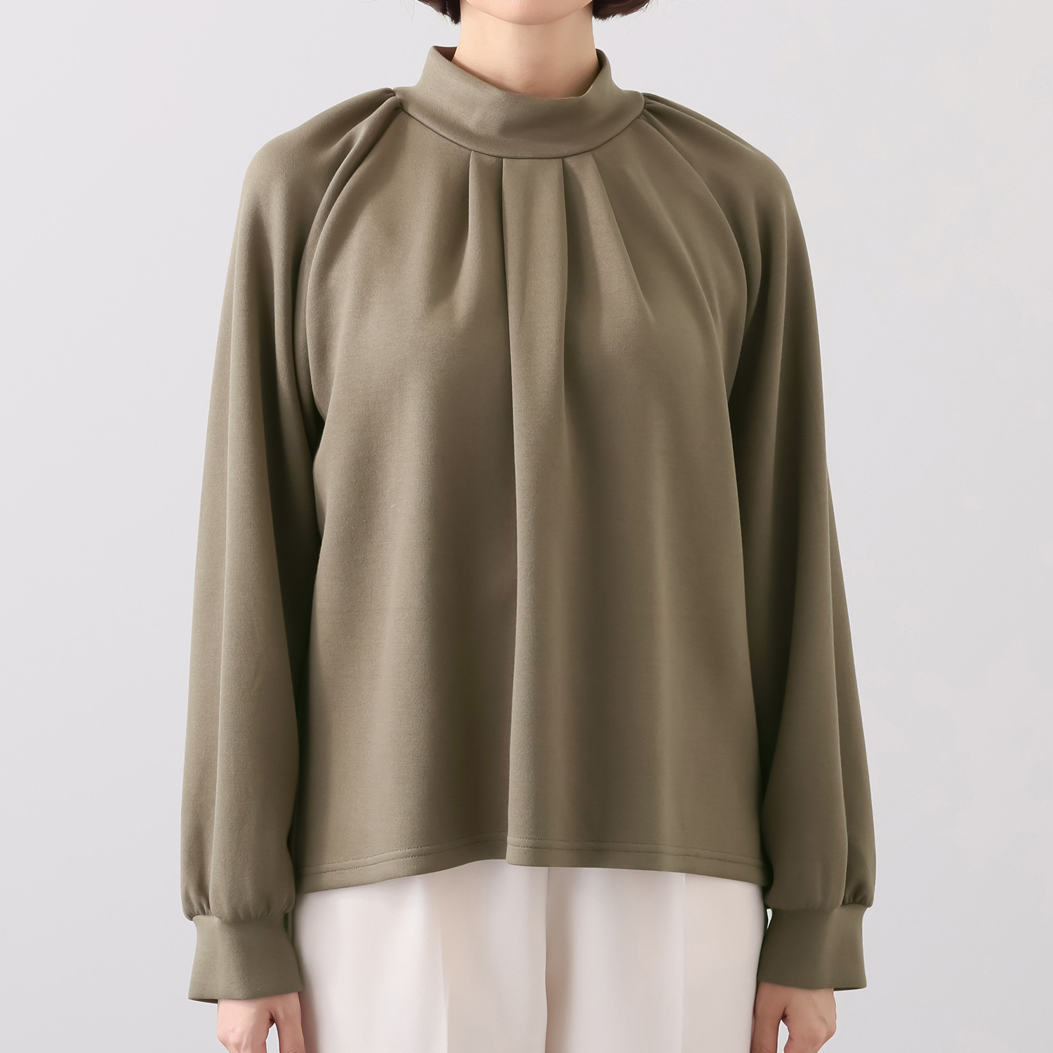 ラヴィーコンフォート 鹿の子編カットソー スタンドカラー＆ タックアクセント プルオーバー