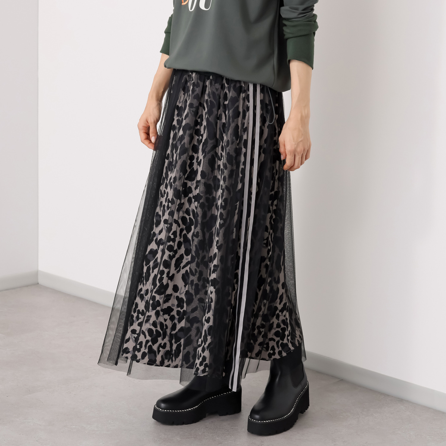 エムズ　スタイル チュールレイヤード レオパードプリント フレアースカート