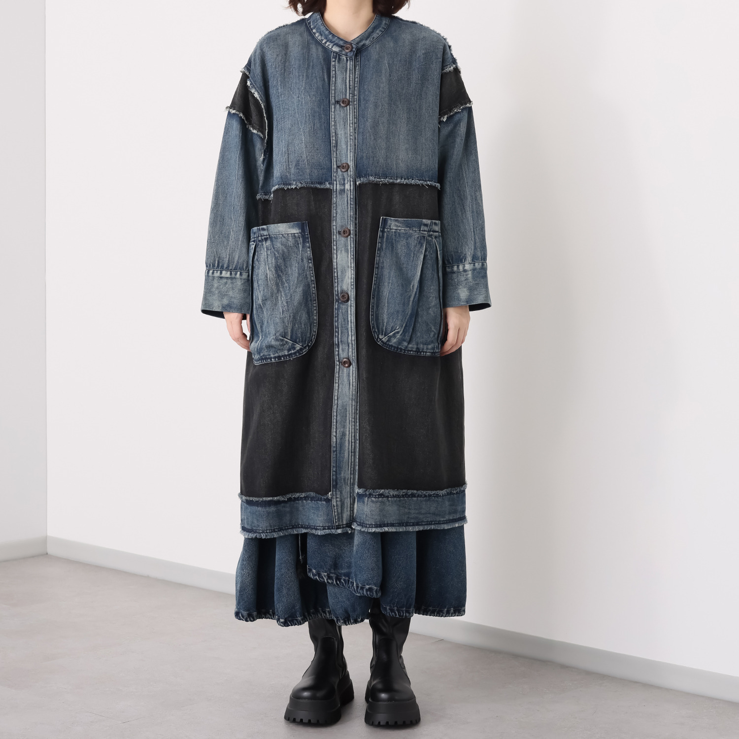 ベルデニム パネル切替 ヴィンテージ風 フリンジデザイン デニムコート