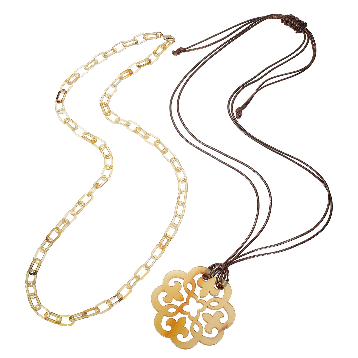 グレイスモア 飴色水牛 透かし模様ペンダント＆ チェーンネックレス兼 グラスホルダー ２点セット