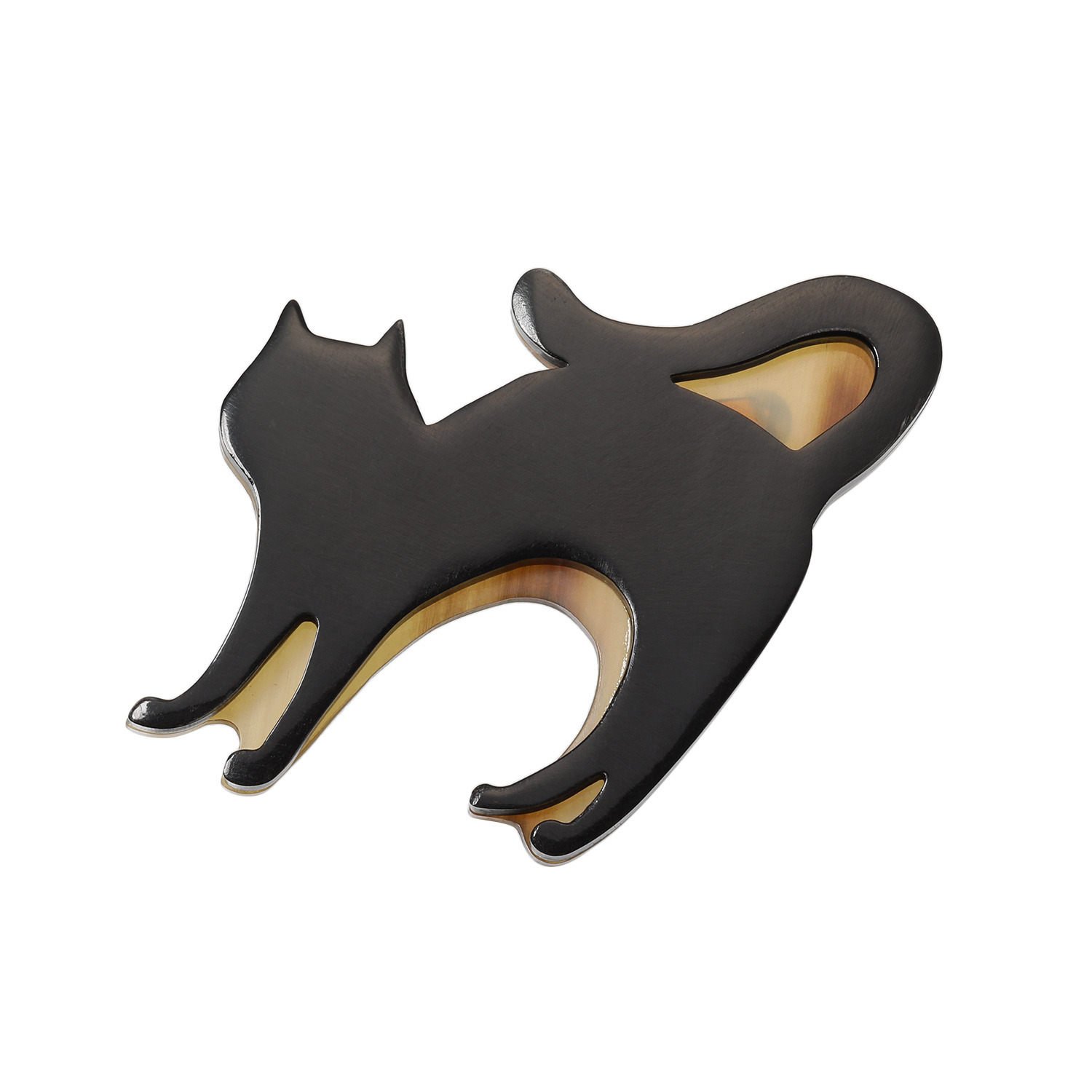 グレイスモア 黒水牛＆飴色水牛 バイカラー キャットモティーフ ブローチ