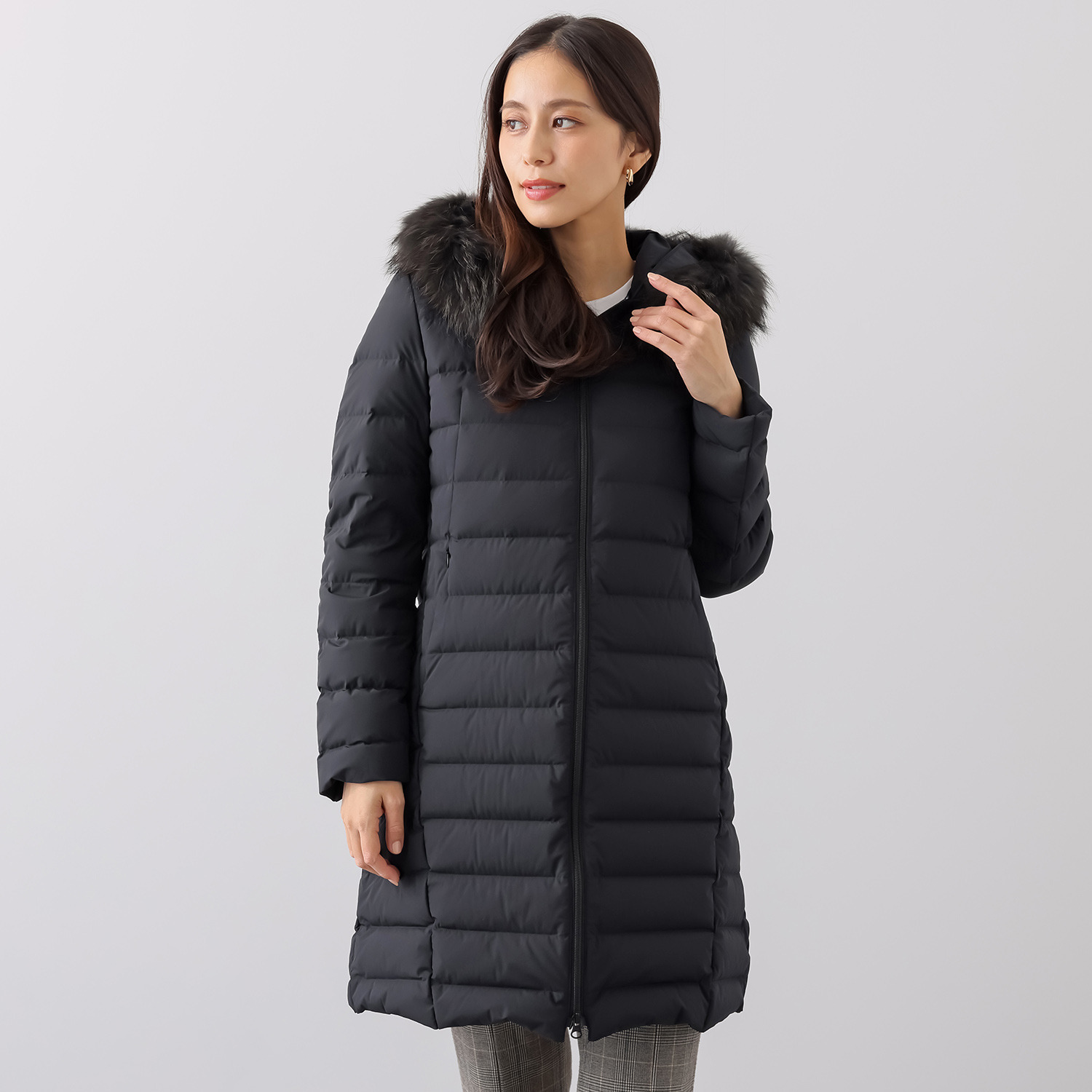 MERION フード付きロングダウンジャケット ブラックLL