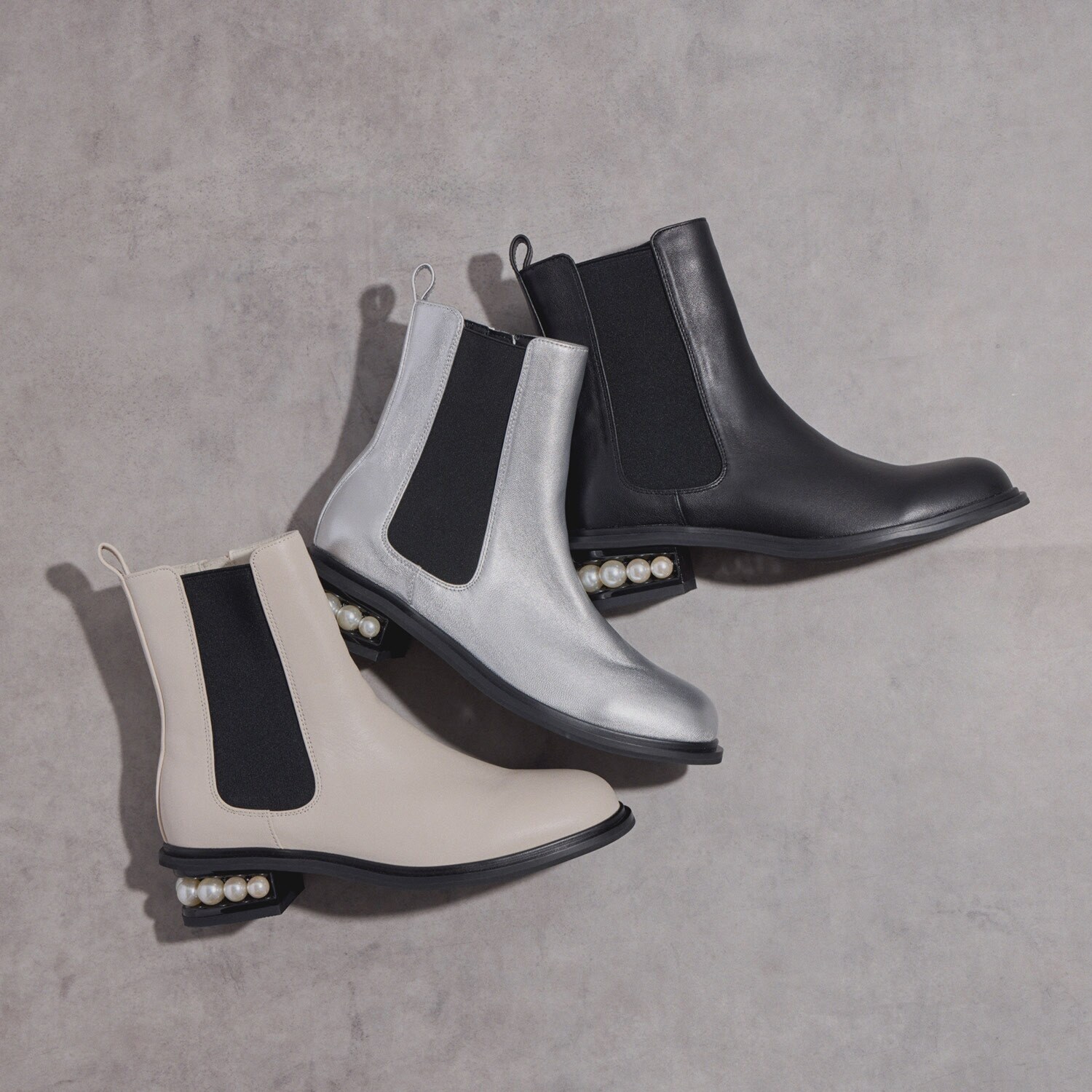 ニカル レザー パールビジュウヒール サイドゴアブーツ