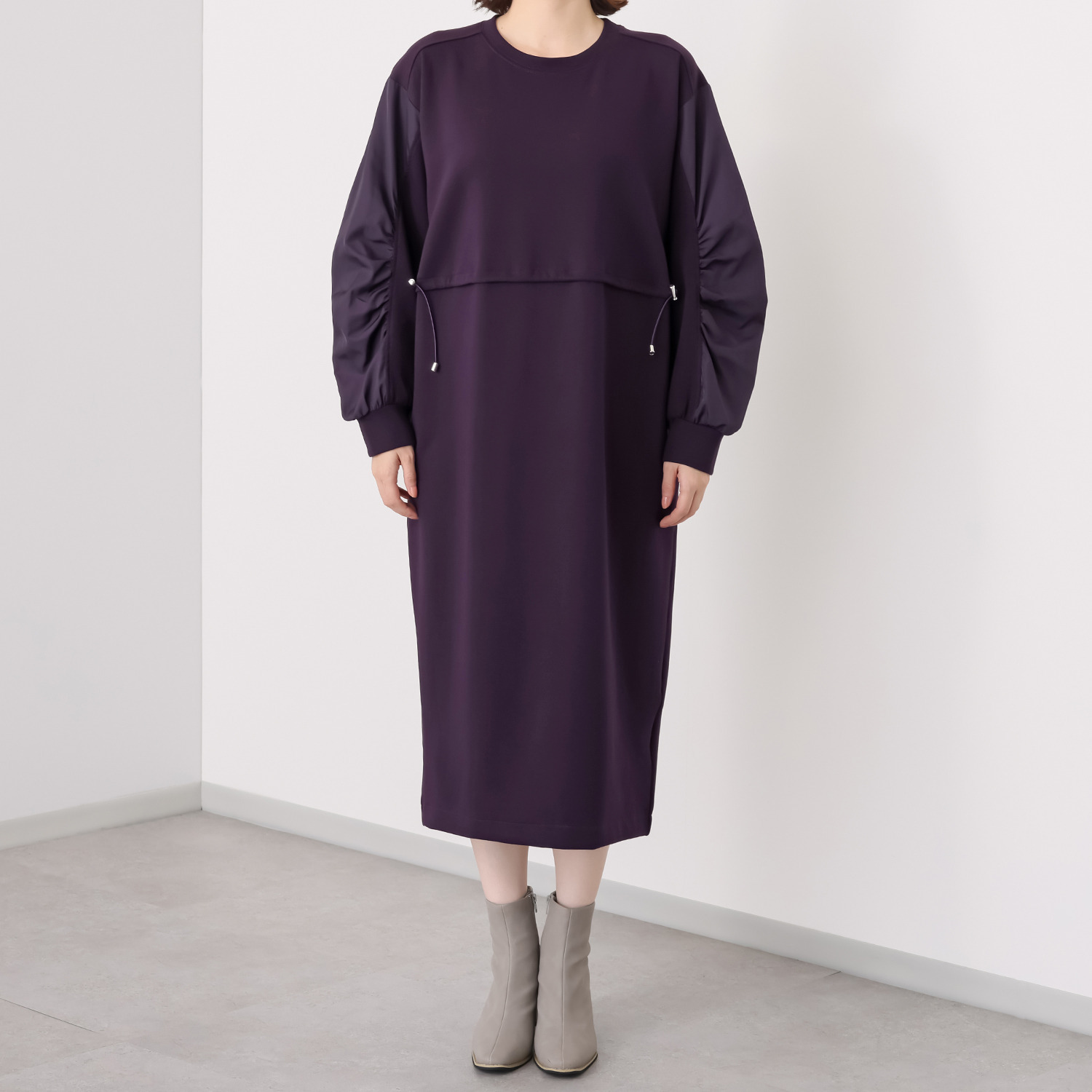 スタイル・ラヴィー 異素材ミックス ドローストリング＆ ギャザーアクセント カッコかわいいワンピース