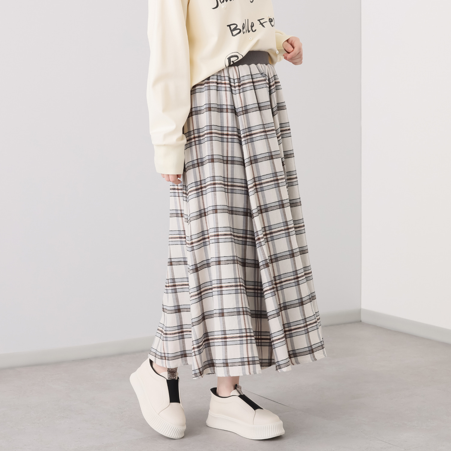 スタイル・ラヴィー モール糸入り先染チェック リブ＆ゴムウエスト フレアースカート