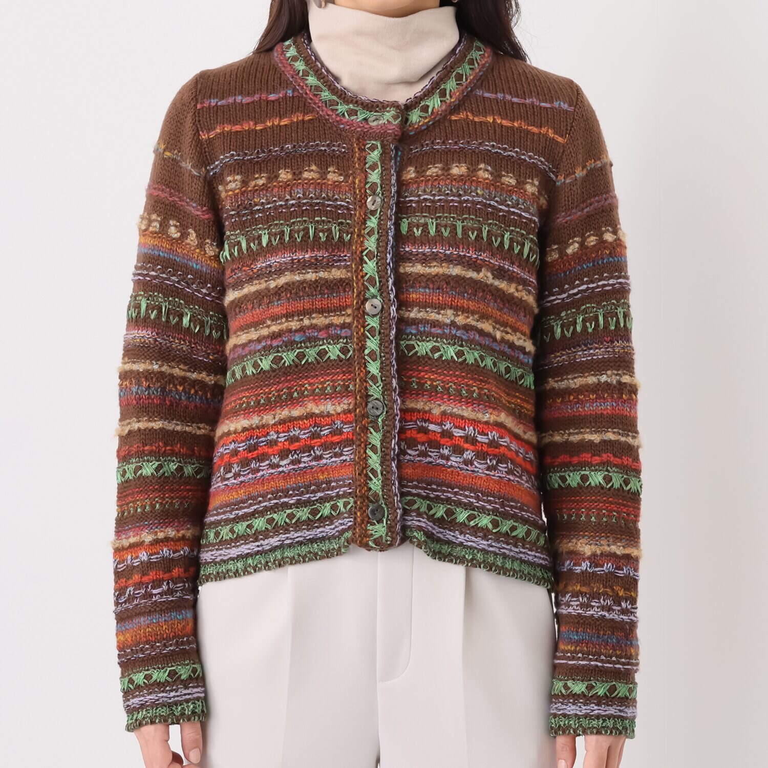 イイネス ランダムボーダー クルーネック カーディガン