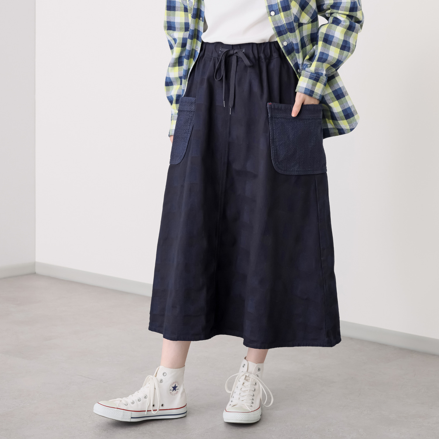 ベティスミス 刺し子風ポケット チェック柄 デニムスカート