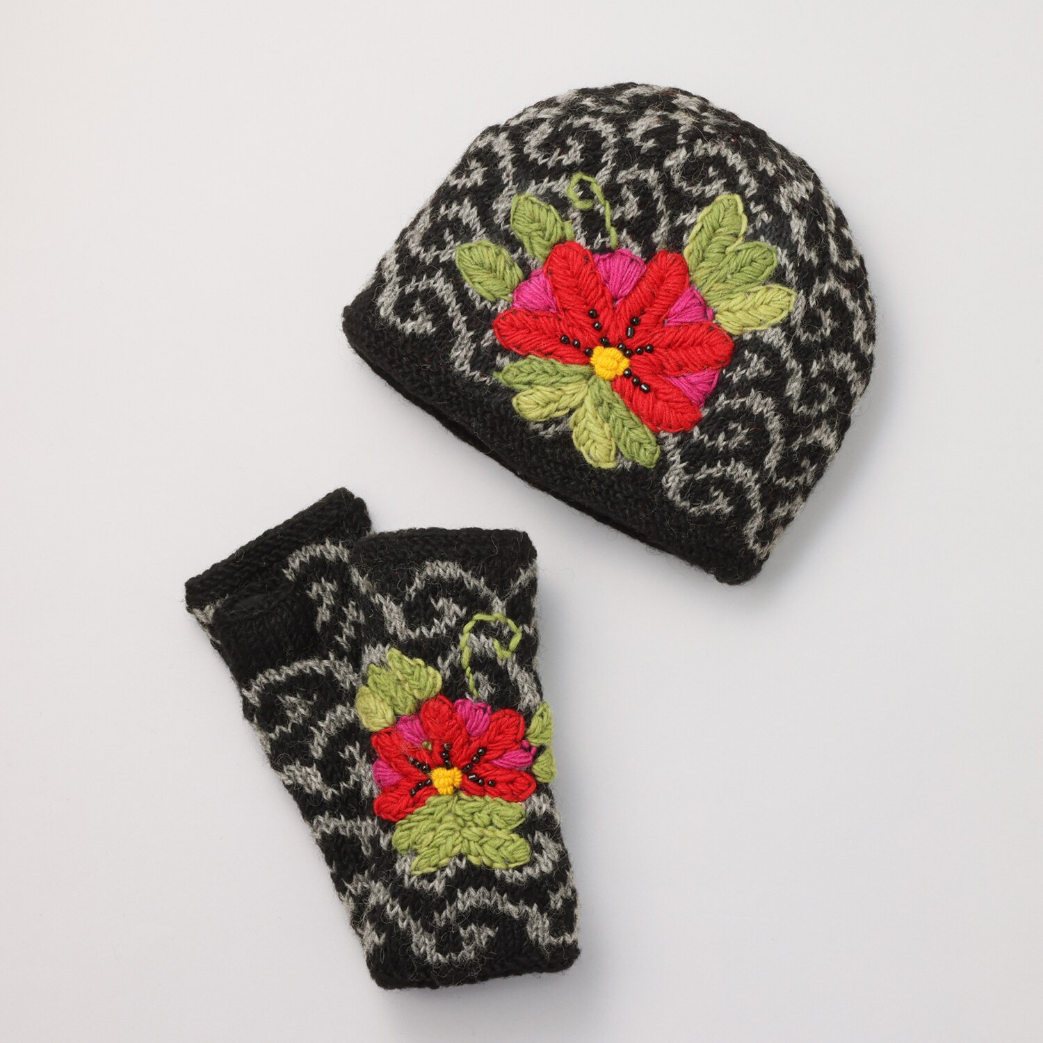 ダジュール ジャガード×刺しゅう 帽子＆手袋セット